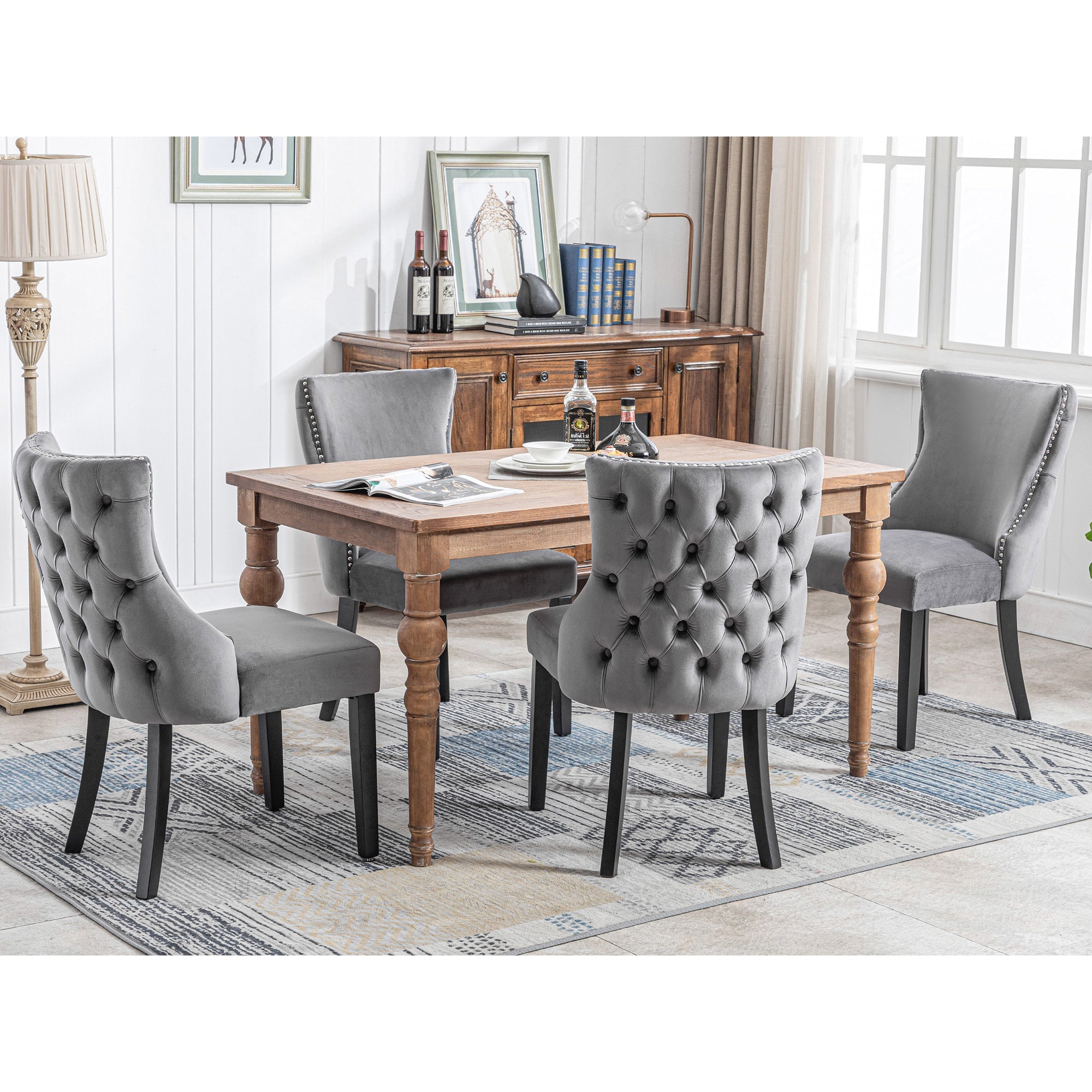 Logidon 12-poots stoel grijs fluwelen knoopsquilt massief houten frame set van 4