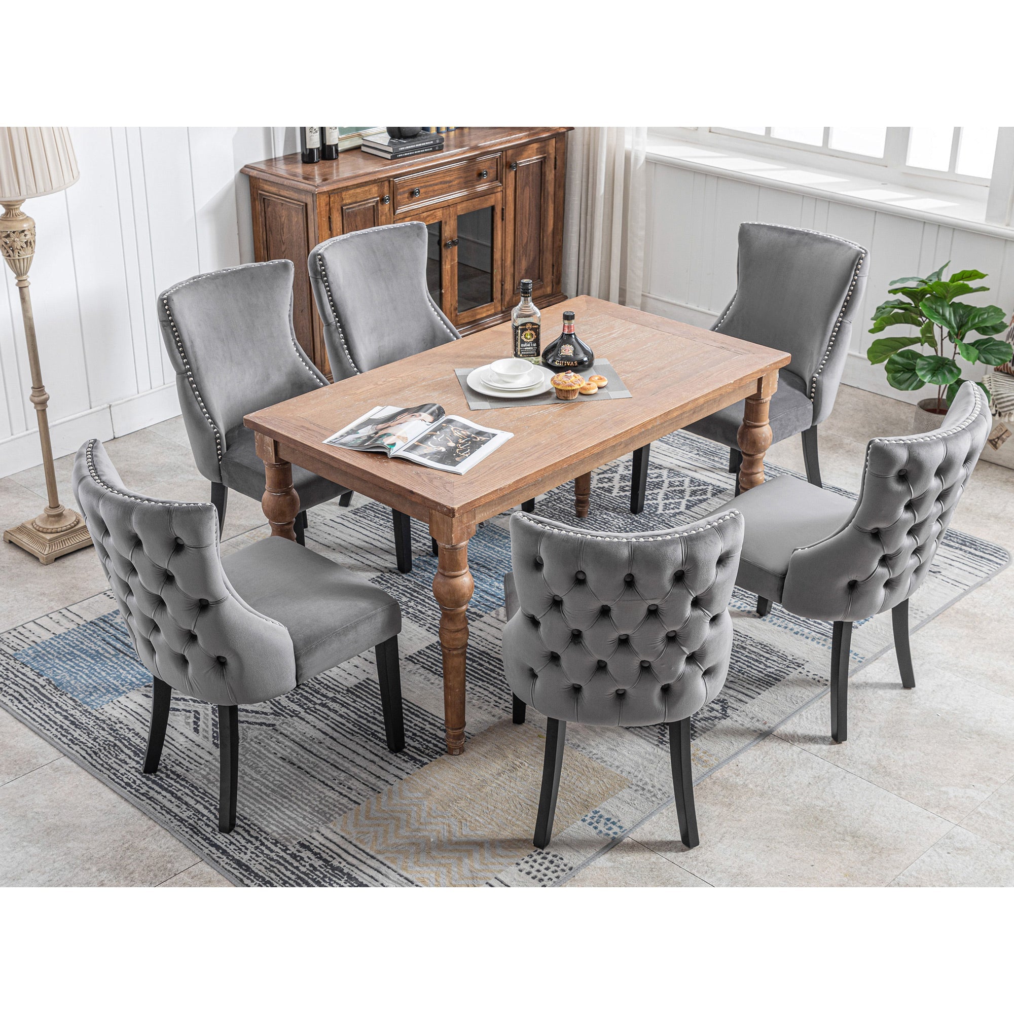 Logidon stoel van 100 cm grijs fluweel met knoopstiksel van massief houten frame, set van 6