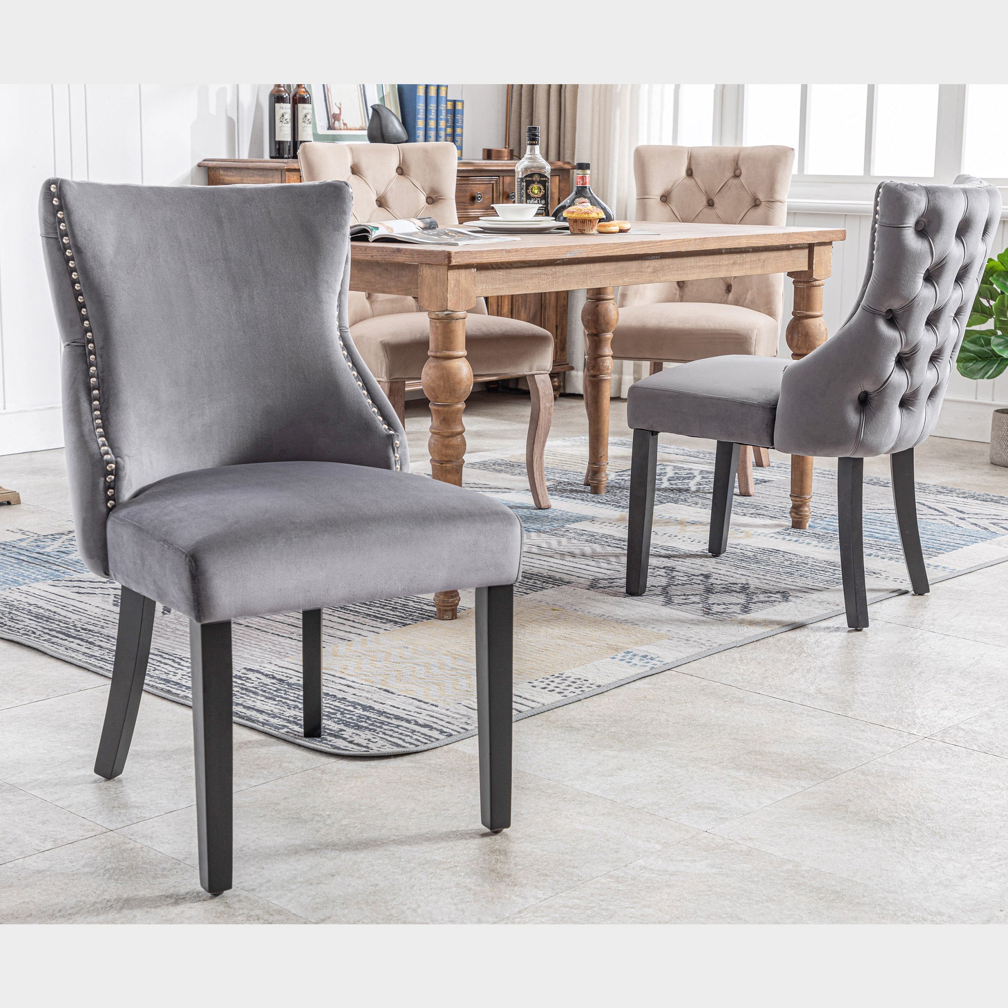 Logidon 12-poots stoel grijs fluwelen knoopsquilt massief houten frame set van 4