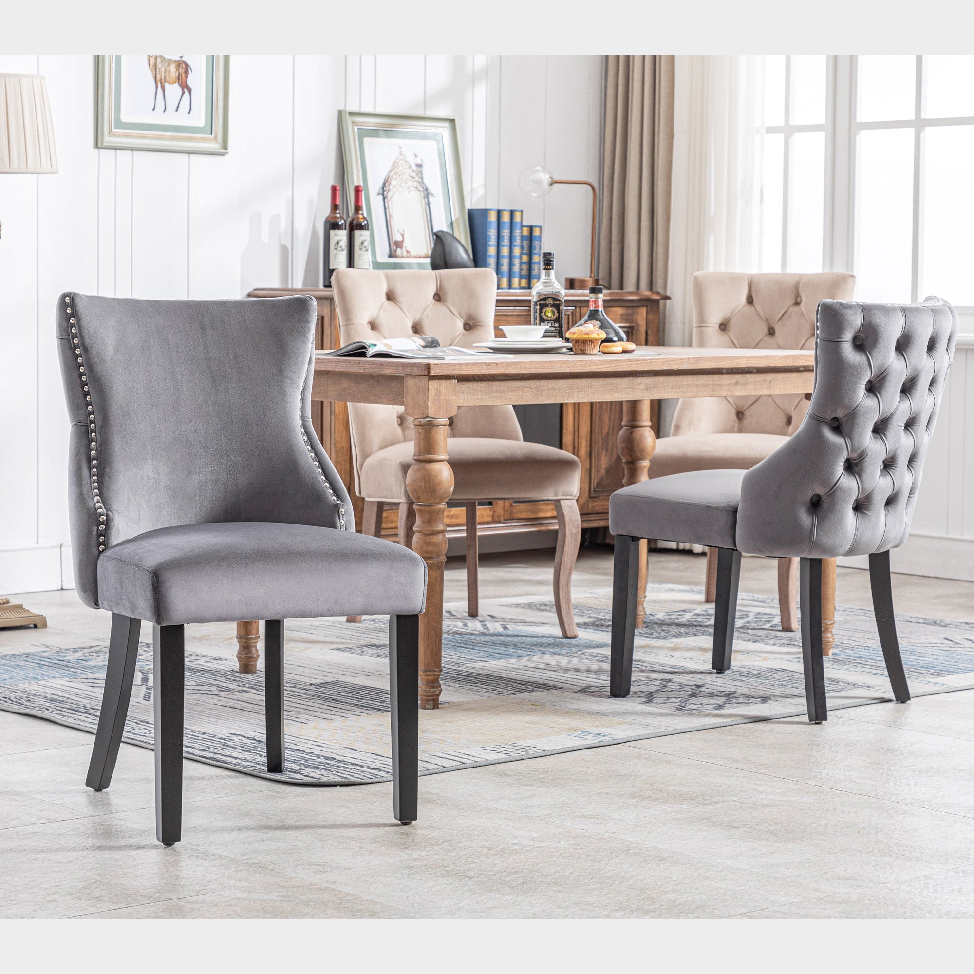 Logidon 12-poots stoel grijs fluwelen knoopsquilt massief houten frame set van 4