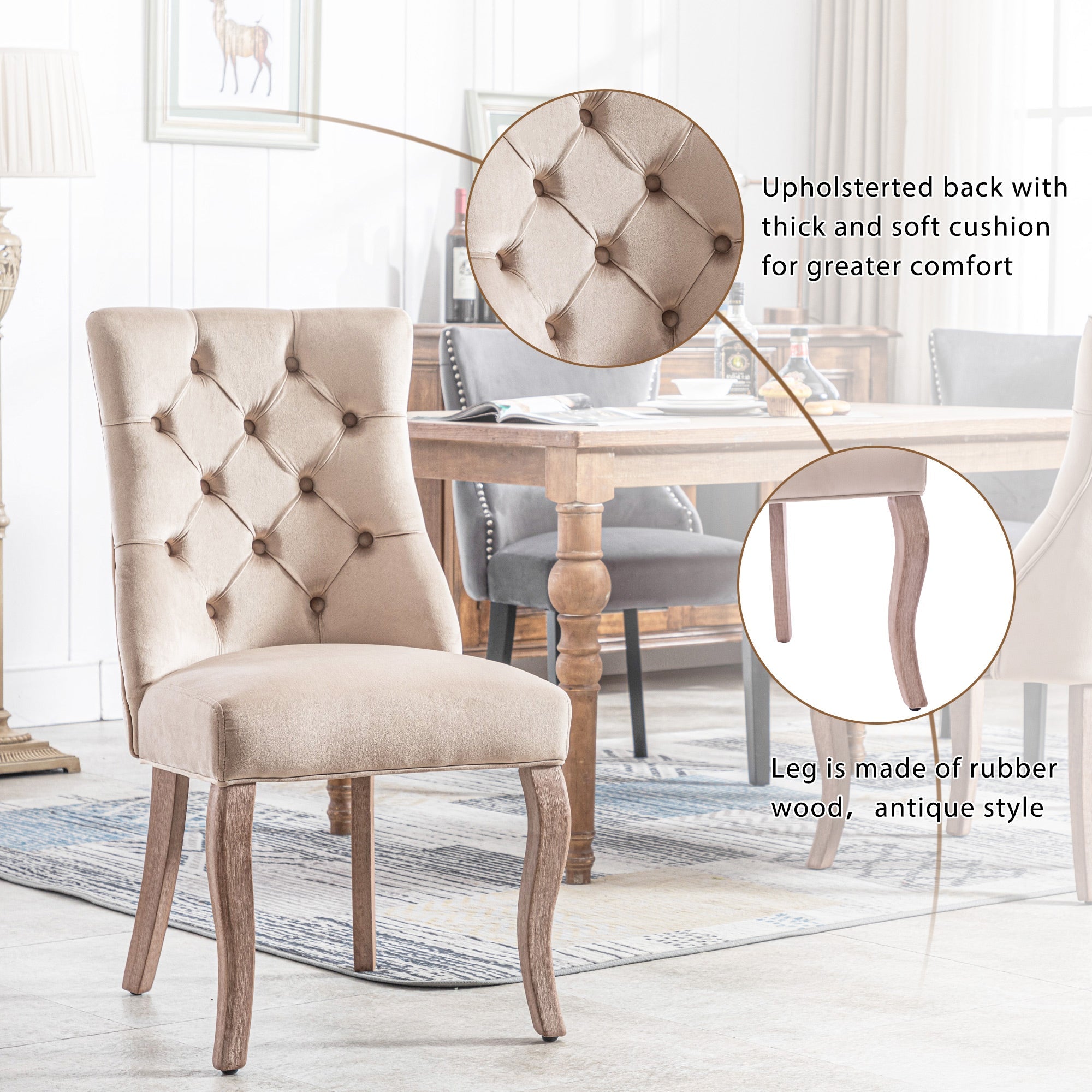 Logidon Velvet Beige 4-legged chair with button quilting and high backrest