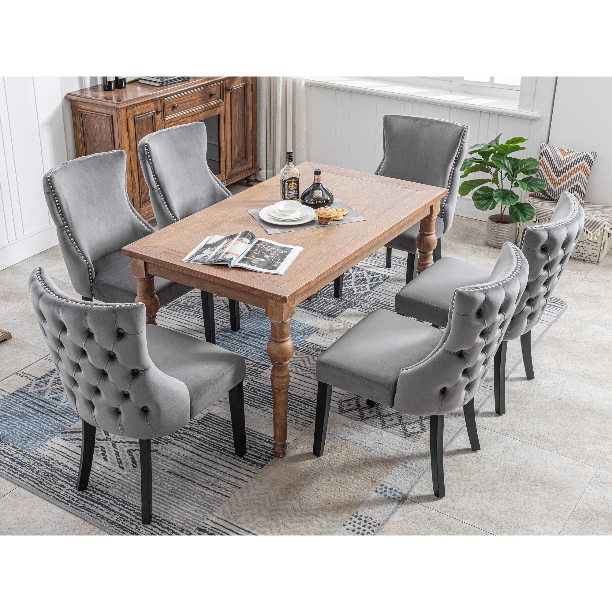 Logidon stoel van 100 cm grijs fluweel met knoopstiksel van massief houten frame, set van 6