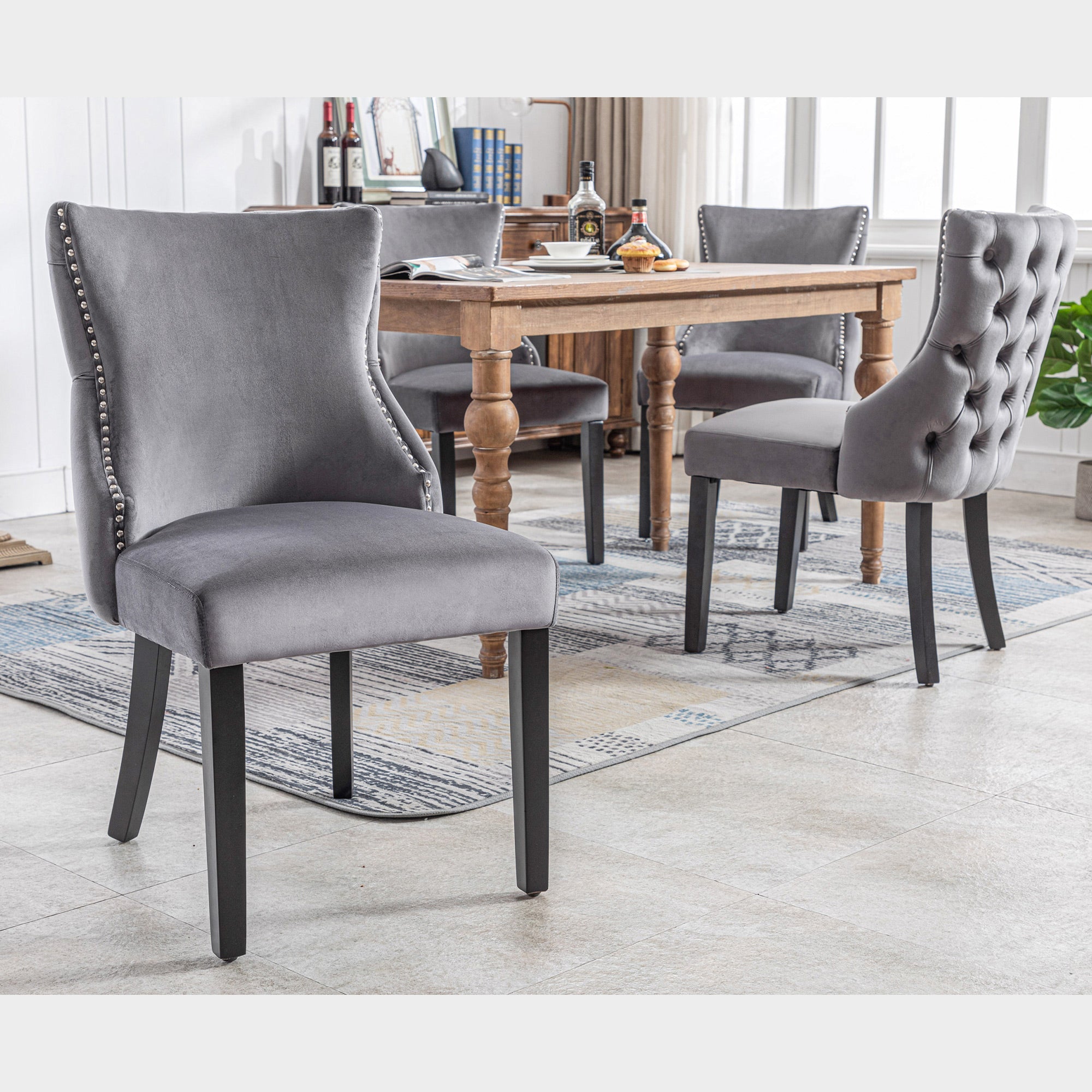 Logidon 12-poots stoel grijs fluwelen knoopsquilt massief houten frame set van 4
