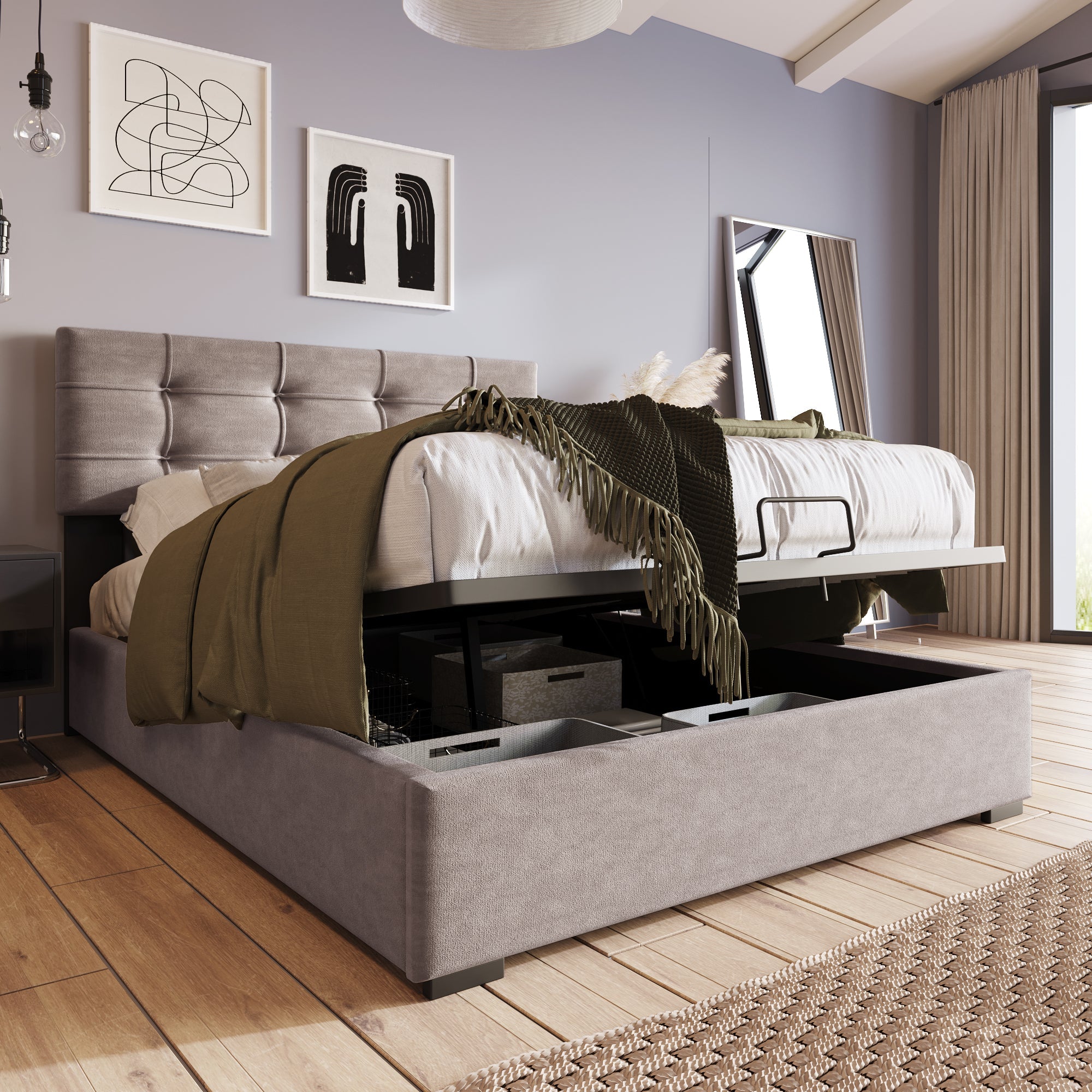 Logidon Hydraulic Upholstered Bed 90x200 cm Light Gray Adjustable Headboard