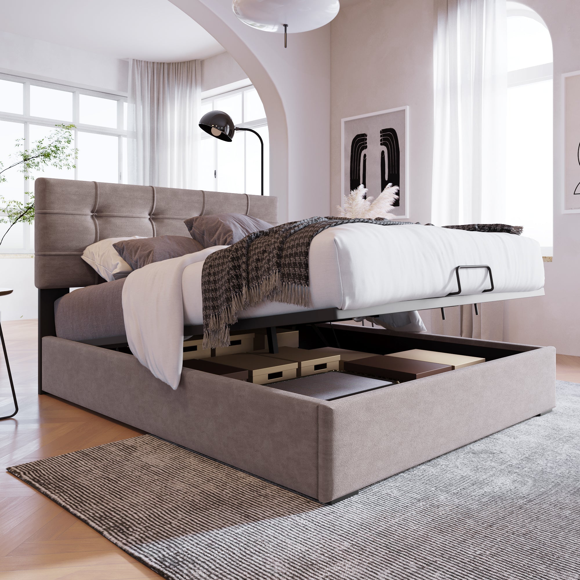 Logidon Hydraulic Upholstered Bed 90x200 cm Light Gray Adjustable Headboard