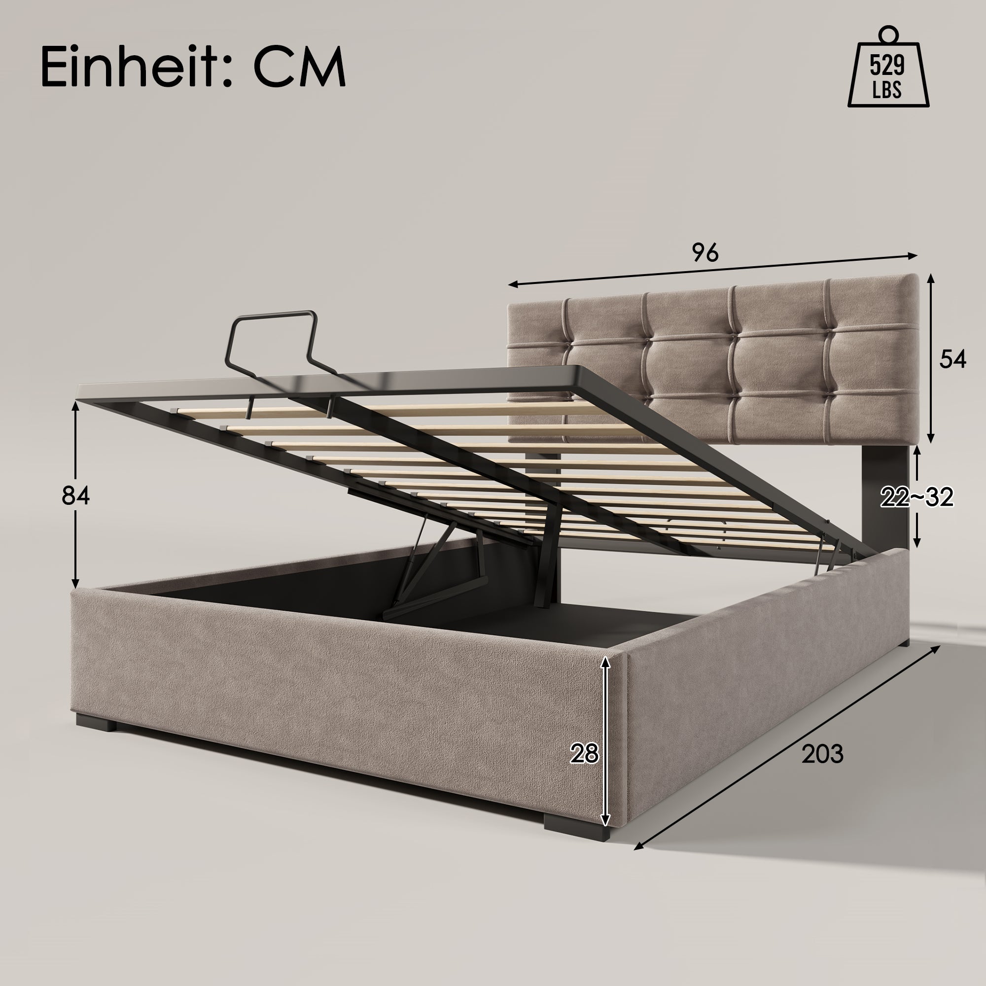 Logidon hydraulisch gestoffeerd bed 90x200 cm lichtgrijs hoofdbordverstelling