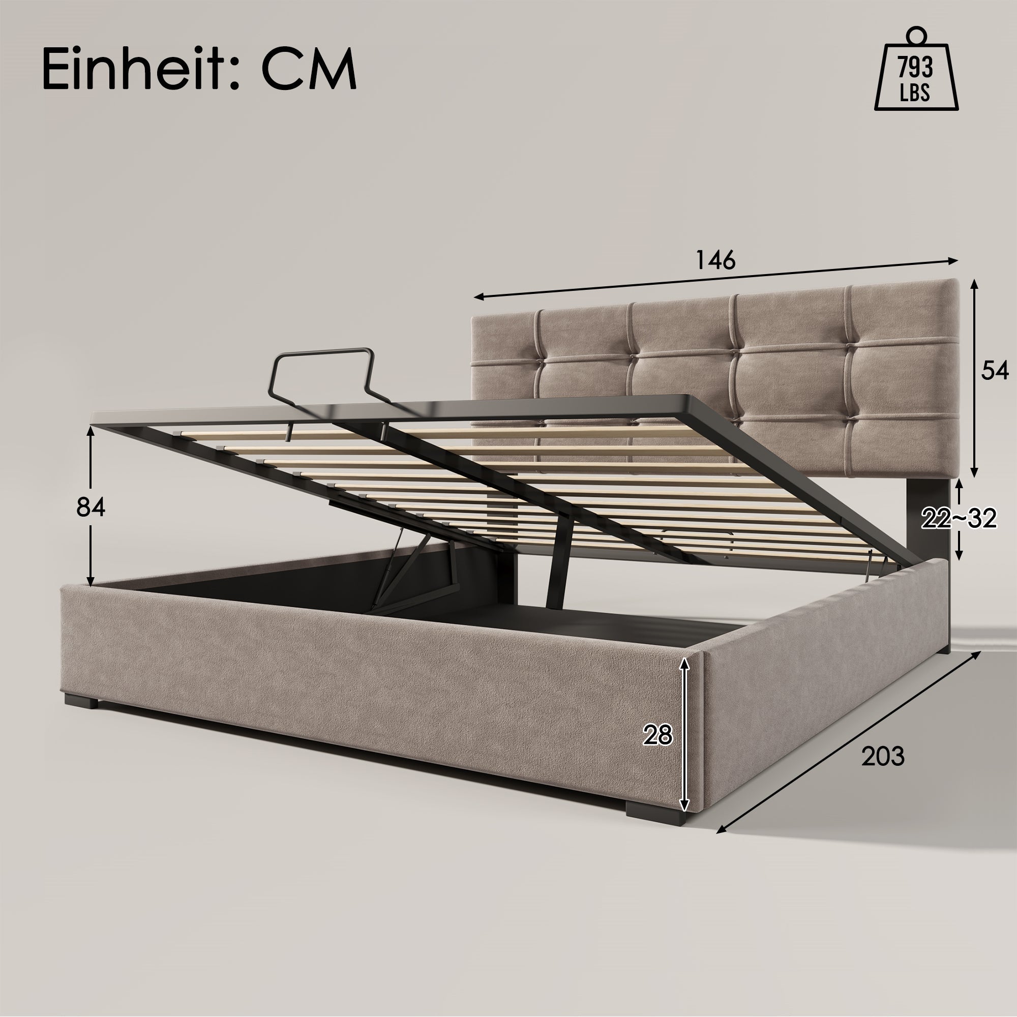 Logidon hydraulisch gestoffeerd bed 140x200 cm, verstelbaar hoofdeinde, lichtgrijs