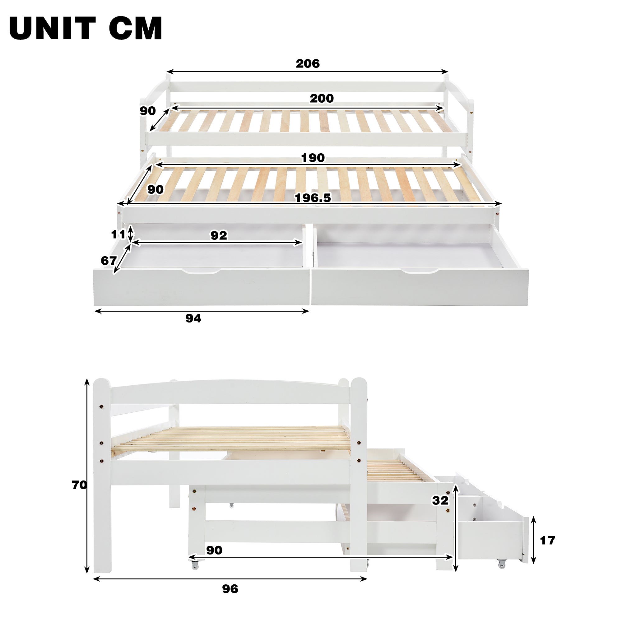 Logidon Daybed Wit Schuifbed met Wielen 2 Laden 200x90/190x90