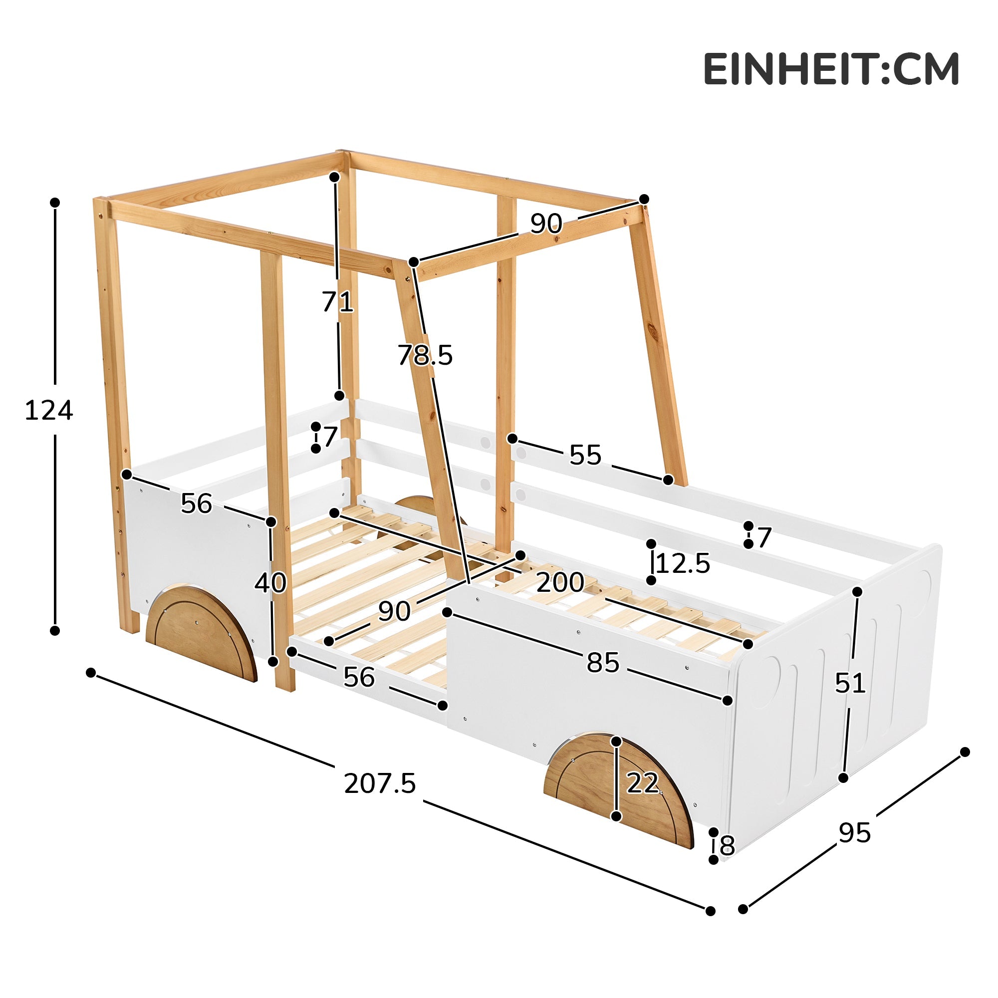 Logidon autobed kinderbed 90x200 wit naturel met MDF wielen