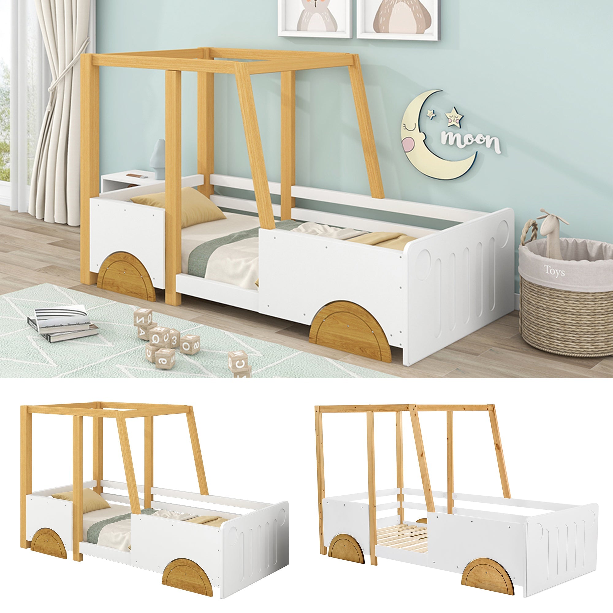 Logidon car bed children's bed 90x200 white natural with MDF wheels