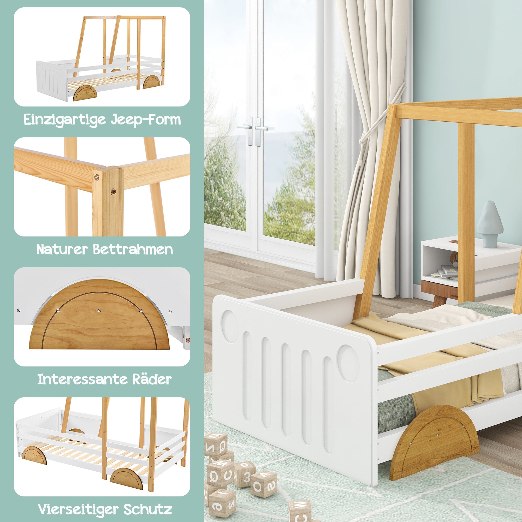 Logidon car bed children's bed 90x200 white natural with MDF wheels