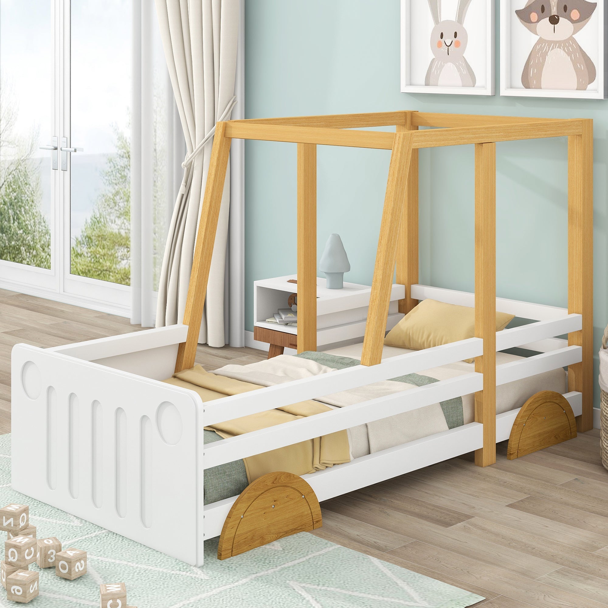 Logidon car bed children's bed 90x200 white natural with MDF wheels
