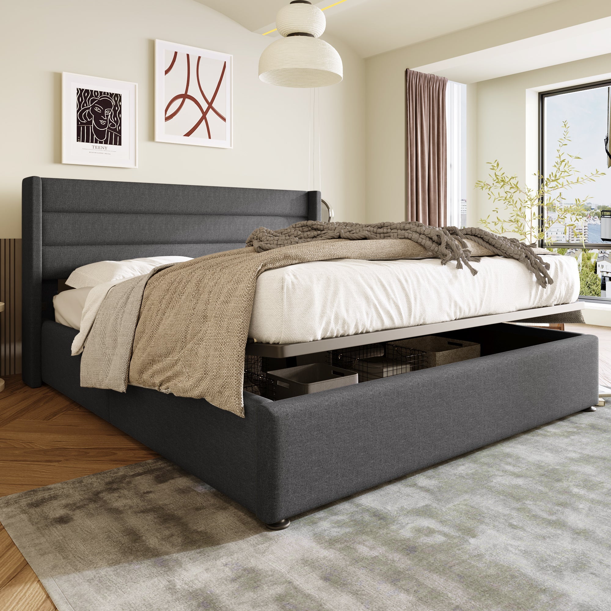 Logidon Hydraulisch Opbergbed Gestoffeerd Bed 140x200 Grijs