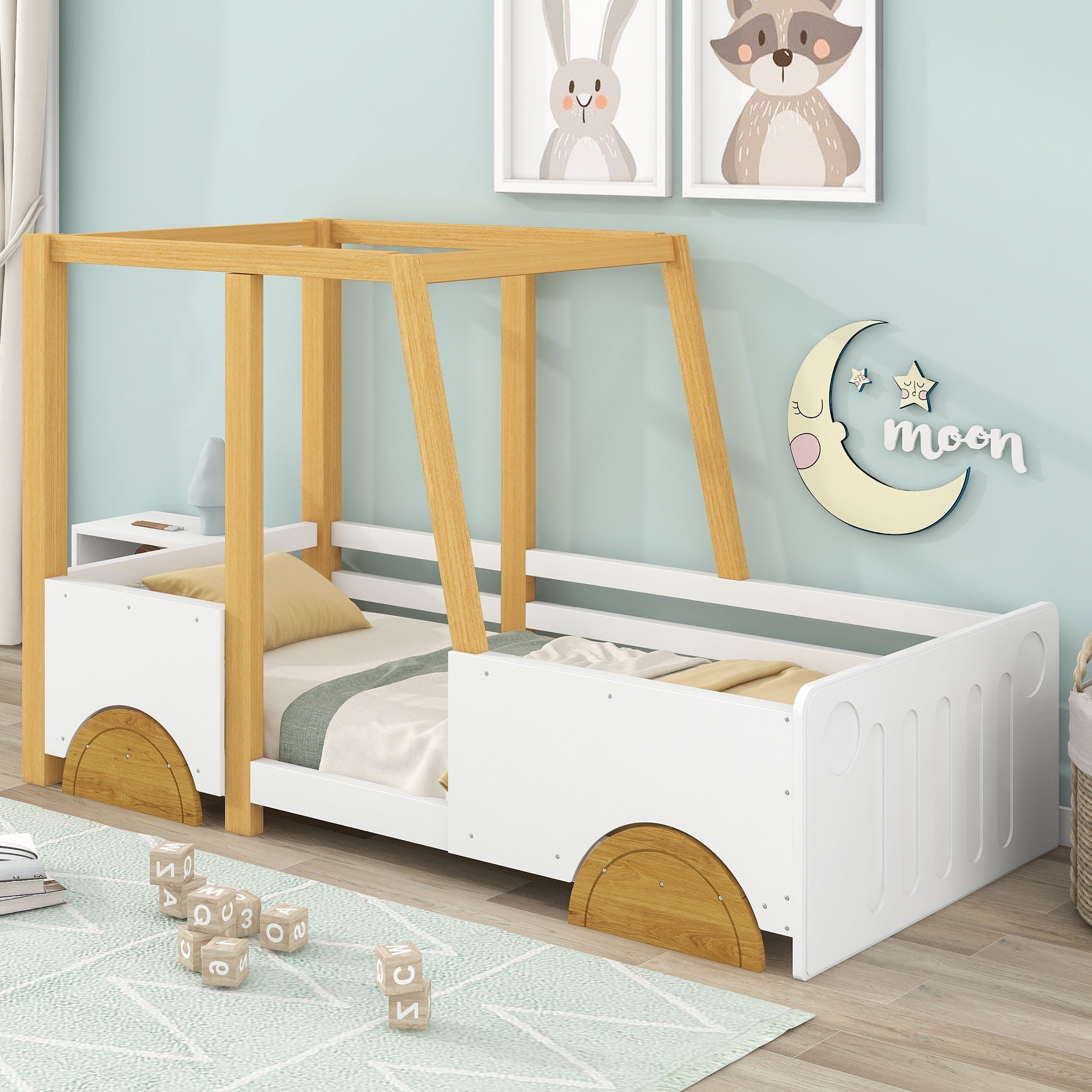 Logidon car bed children's bed 90x200 white natural with MDF wheels