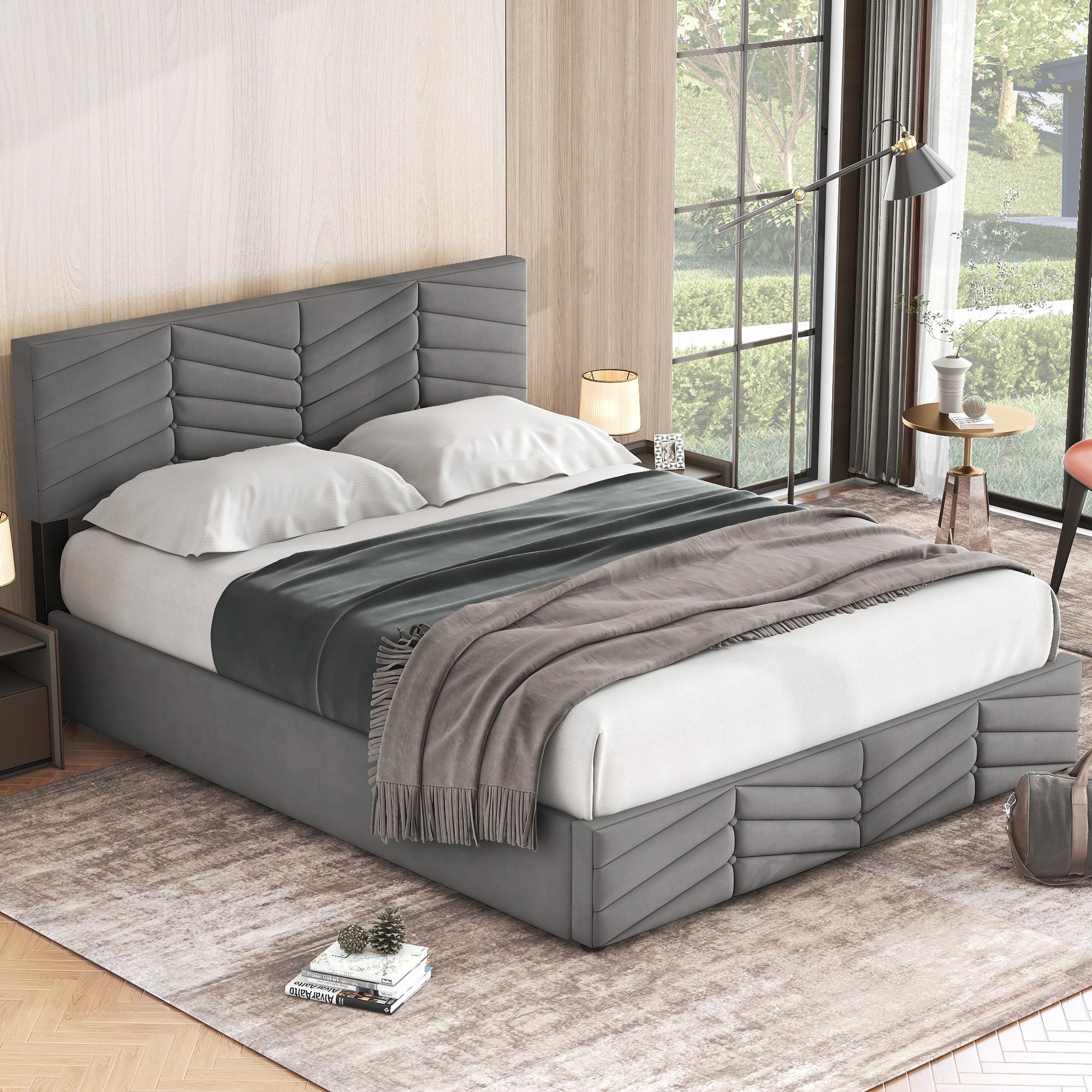 Logidon gestoffeerd bed tweepersoonsbed grijs fluweel Continental 140x190 hoofdbord