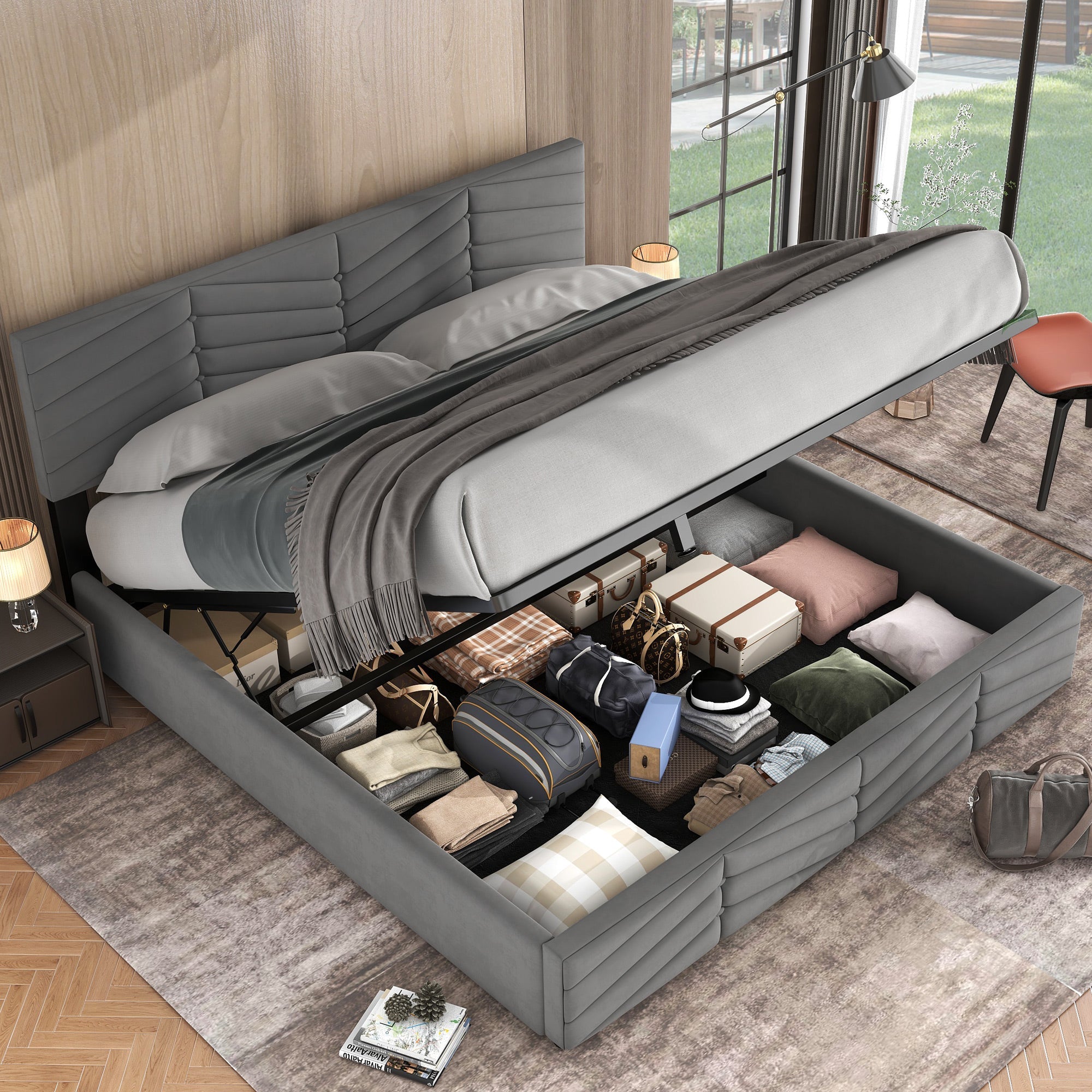 Logidon upholstered bed 180x200 gray velvet height-adjustable headboard