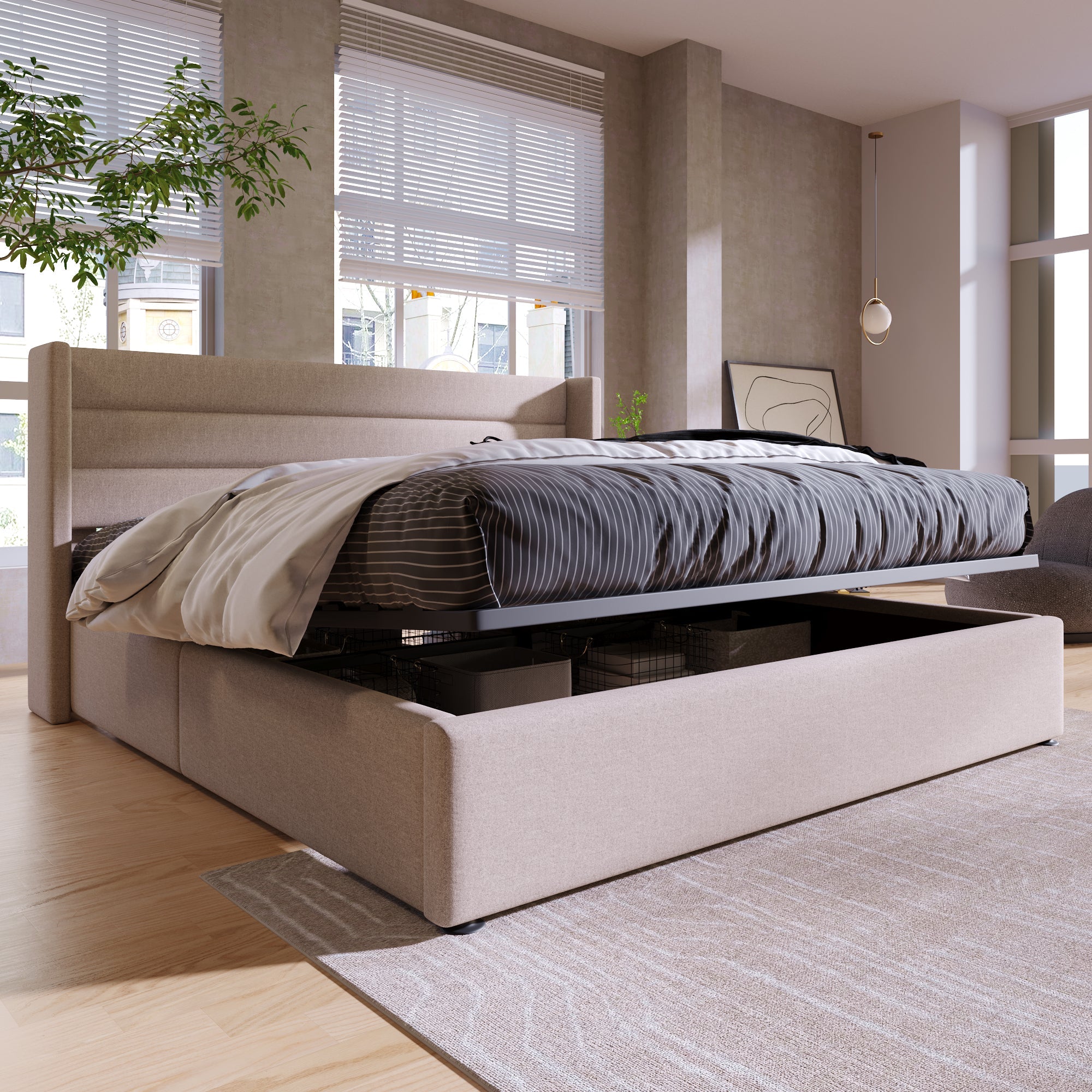 Logidon opbergbed gestoffeerd bed 160x200 beige hydraulisch