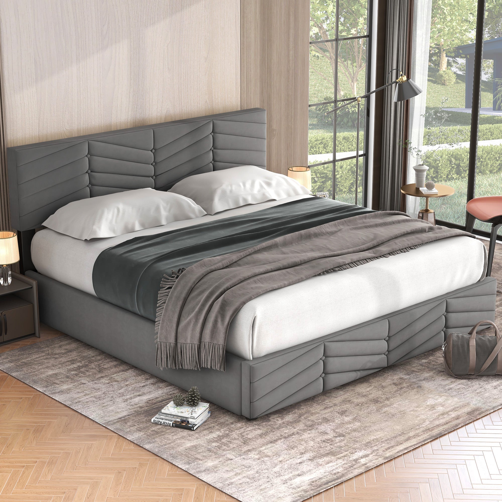 Logidon upholstered bed 160x200 gray velvet headboard adjustable