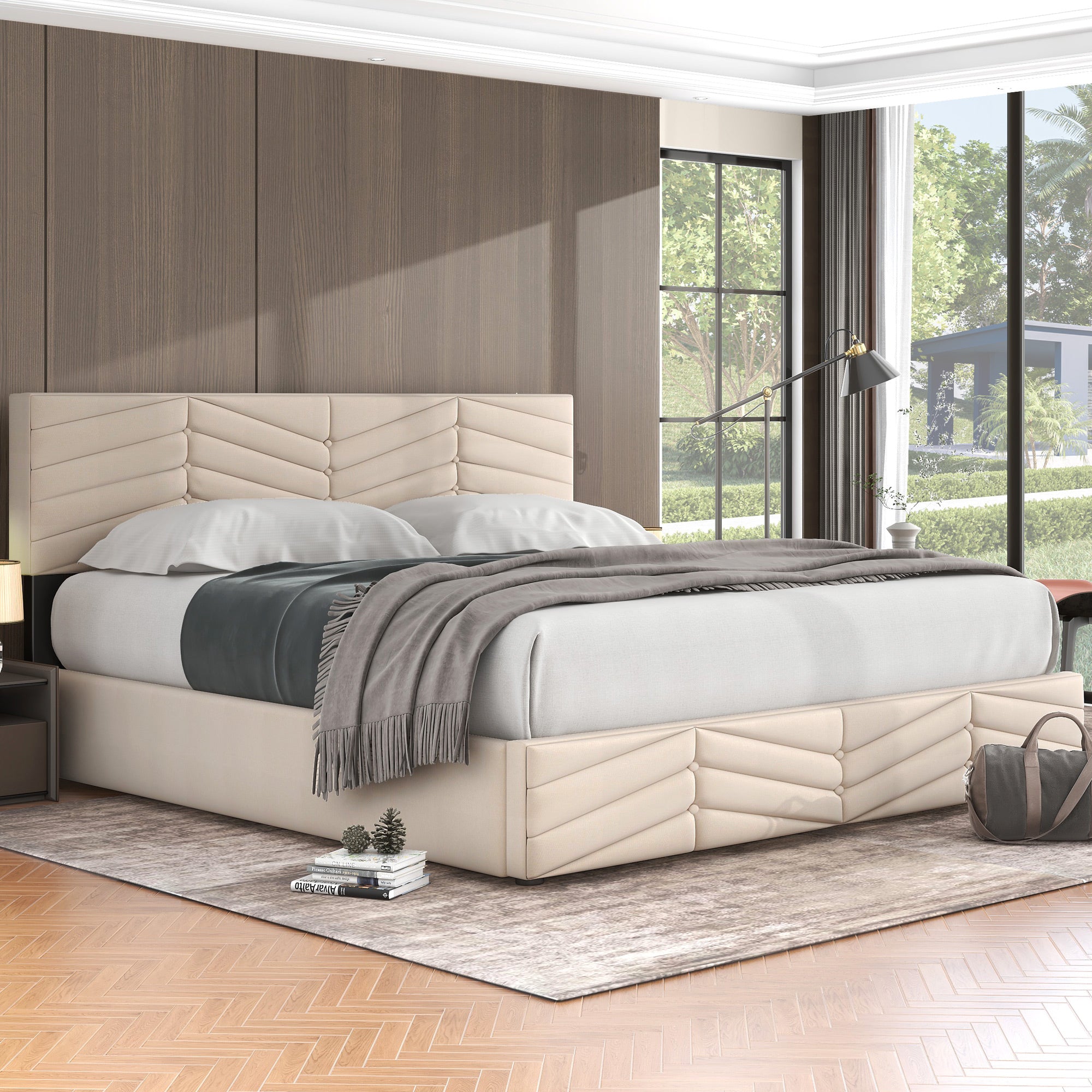 Logidon gestoffeerd bed hydraulisch functioneel bed beige 180x200
