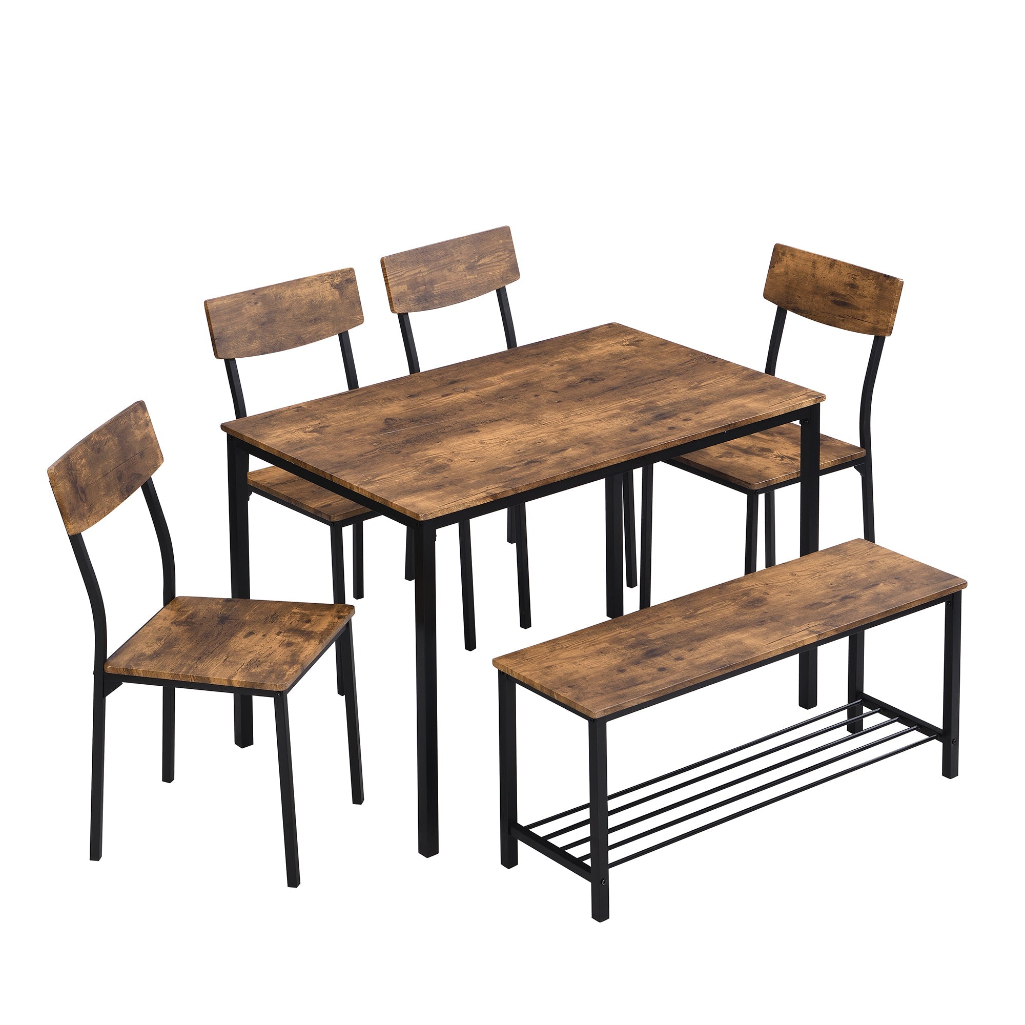 Logidon Dining Table Chair Bench Set Wood Steel Frame Brown
