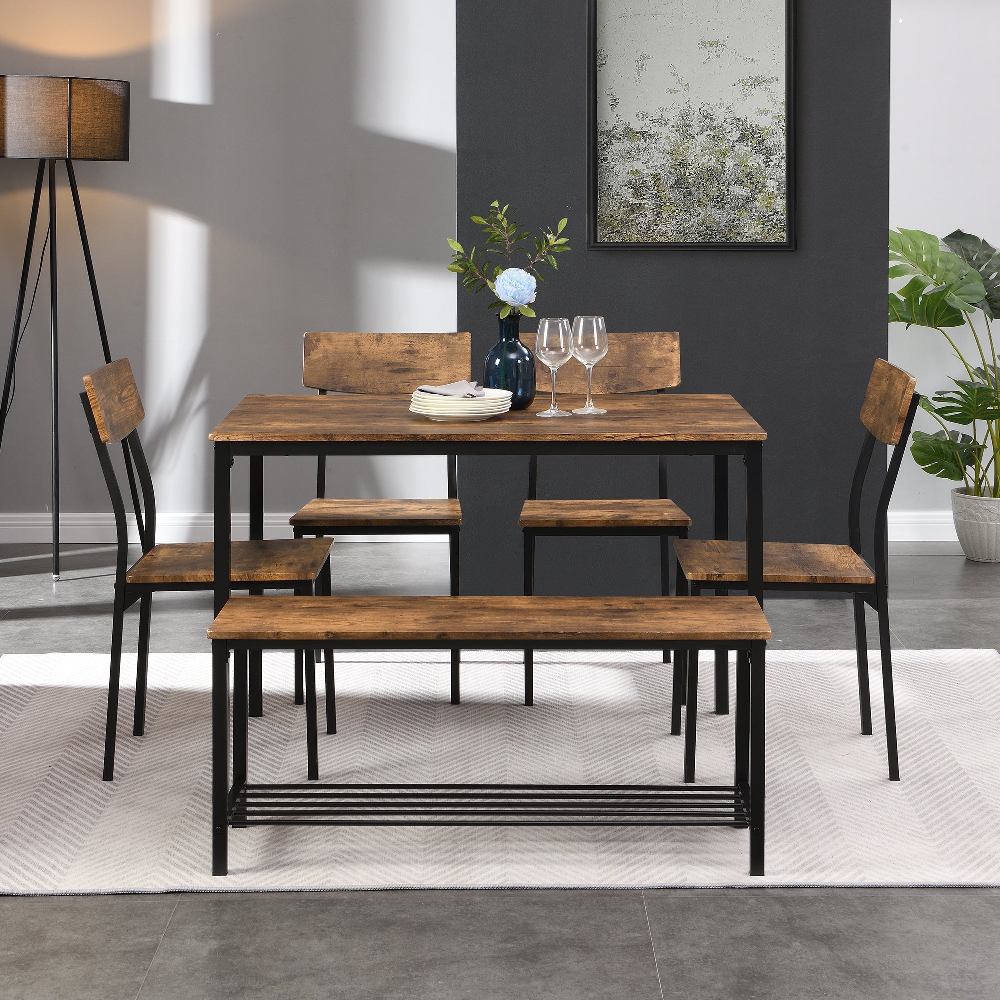 Logidon Dining Table Chair Bench Set Wood Steel Frame Brown