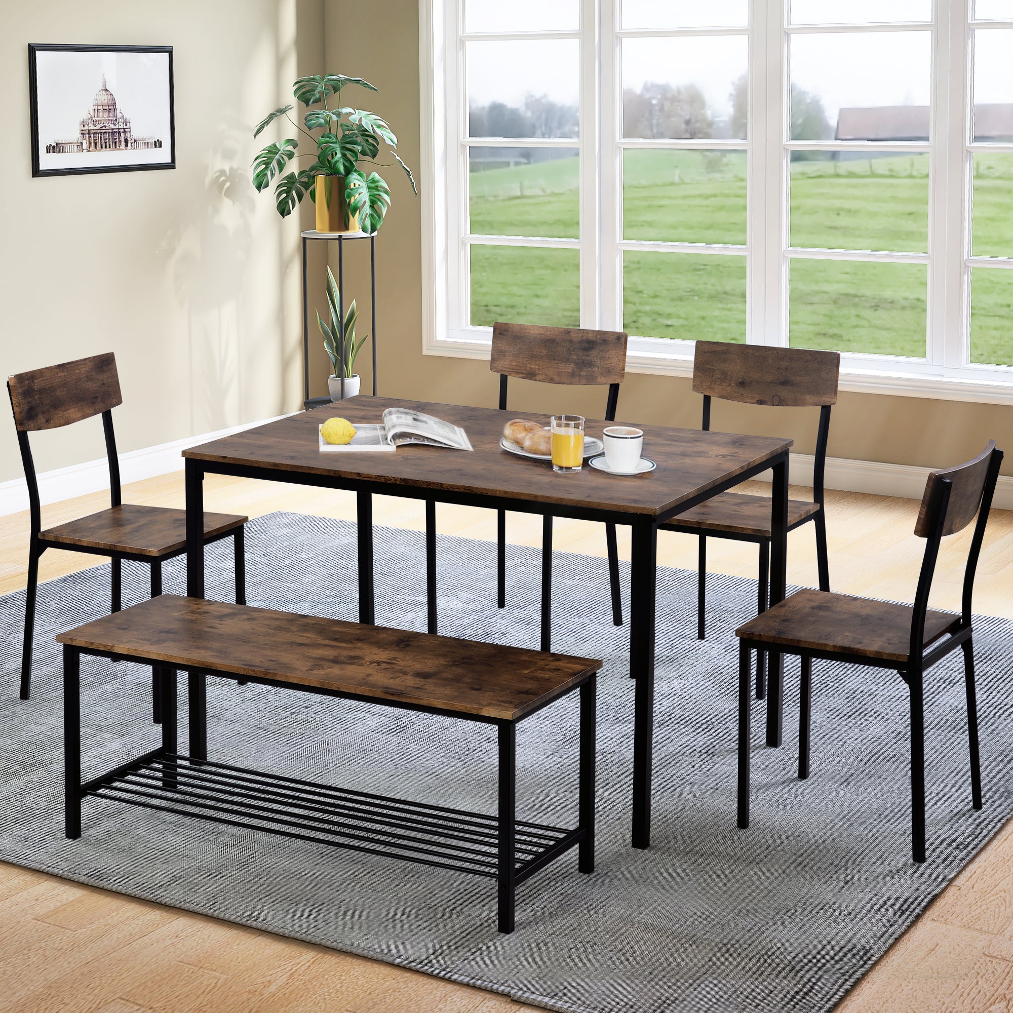 Logidon Dining Table Chair Bench Set Wood Steel Frame Brown