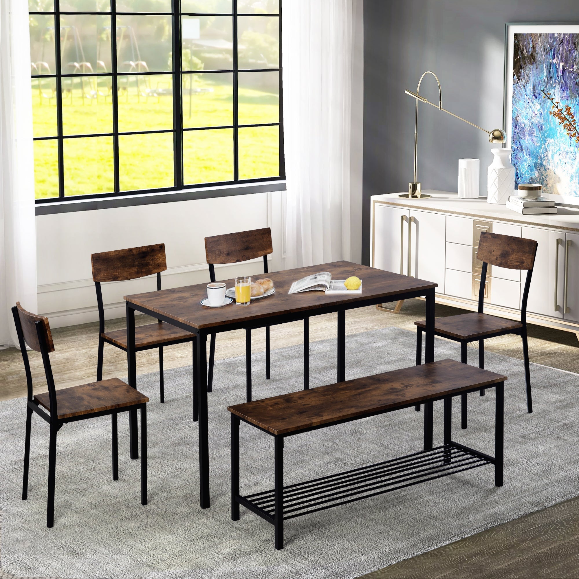 Logidon Dining Table Chair Bench Set Wood Steel Frame Brown