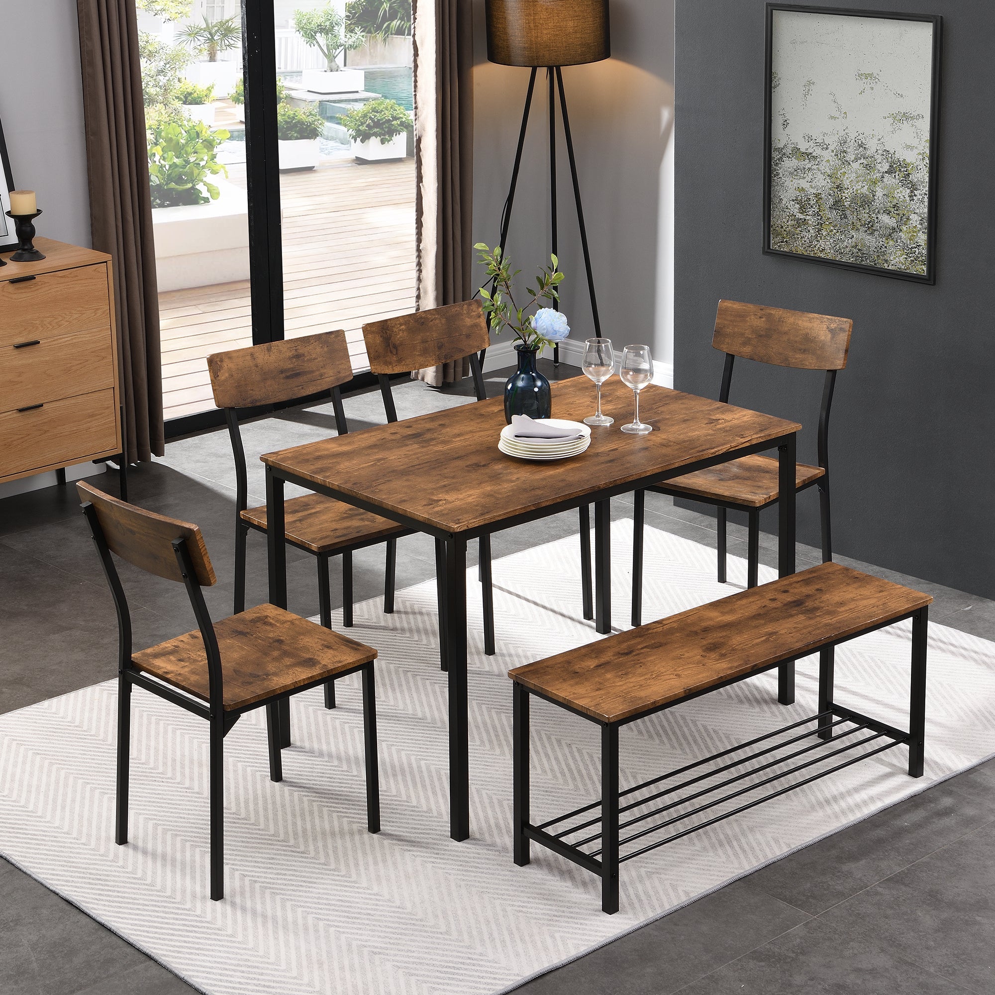 Logidon Eettafel Stoel Bankset Hout Stalen Frame Bruin