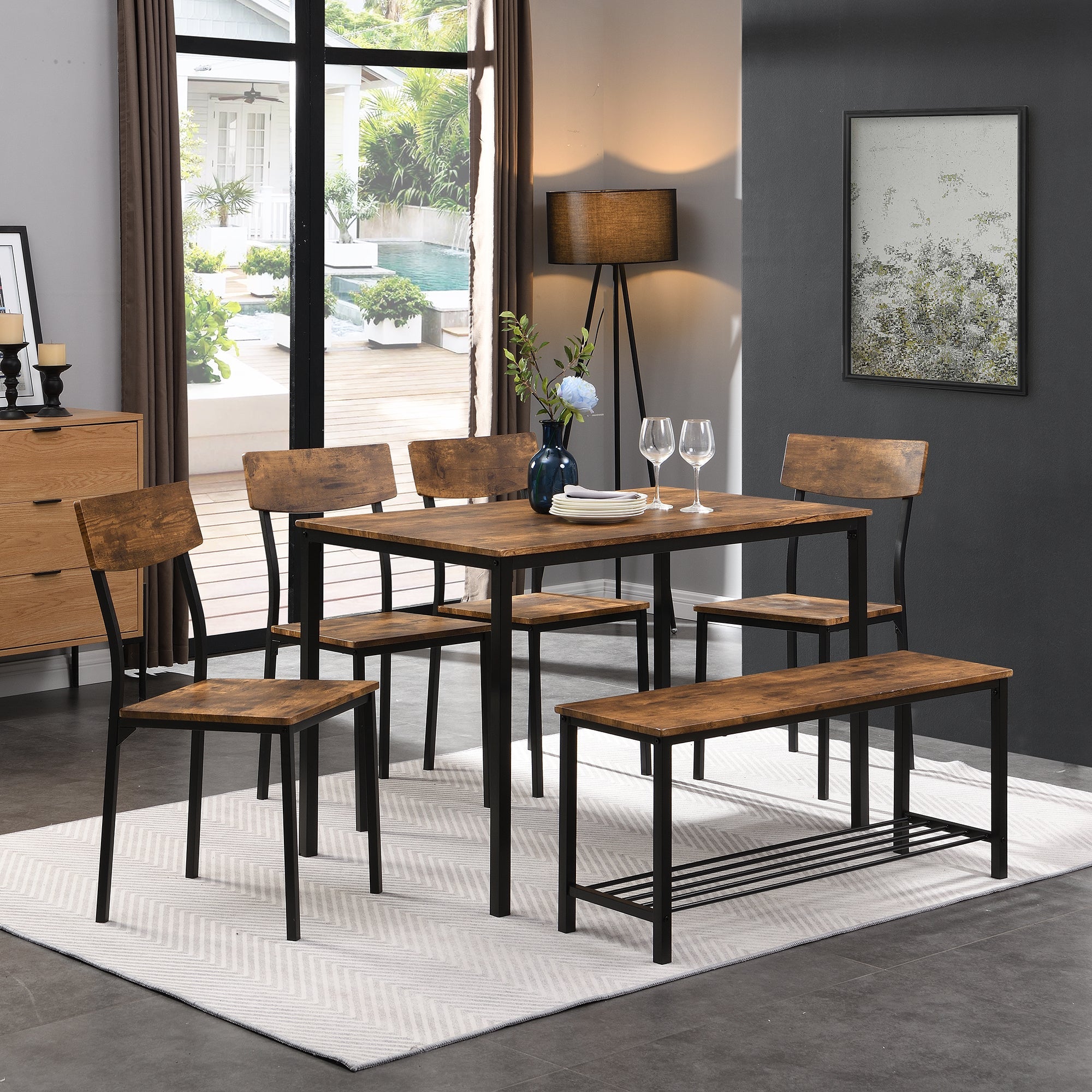 Logidon Dining Table Chair Bench Set Wood Steel Frame Brown