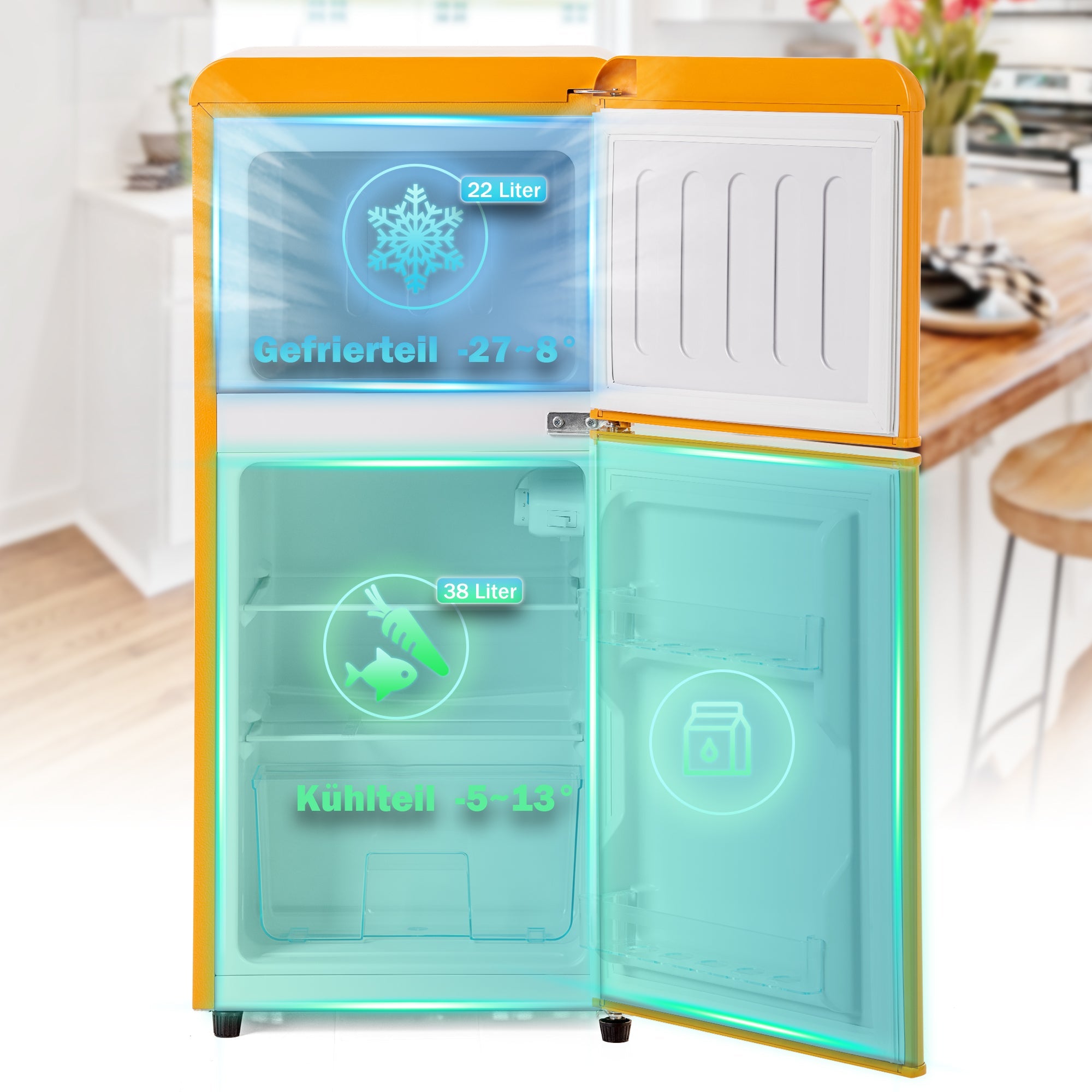 Logidon Retro Koel-vriescombinatie Antiek Geel 60L
