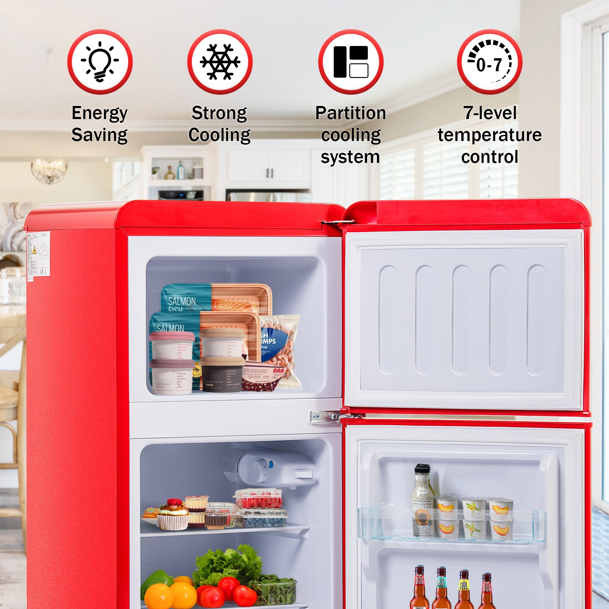 Logidon retro koel-vriescombinatie rood 60 L totaal volume