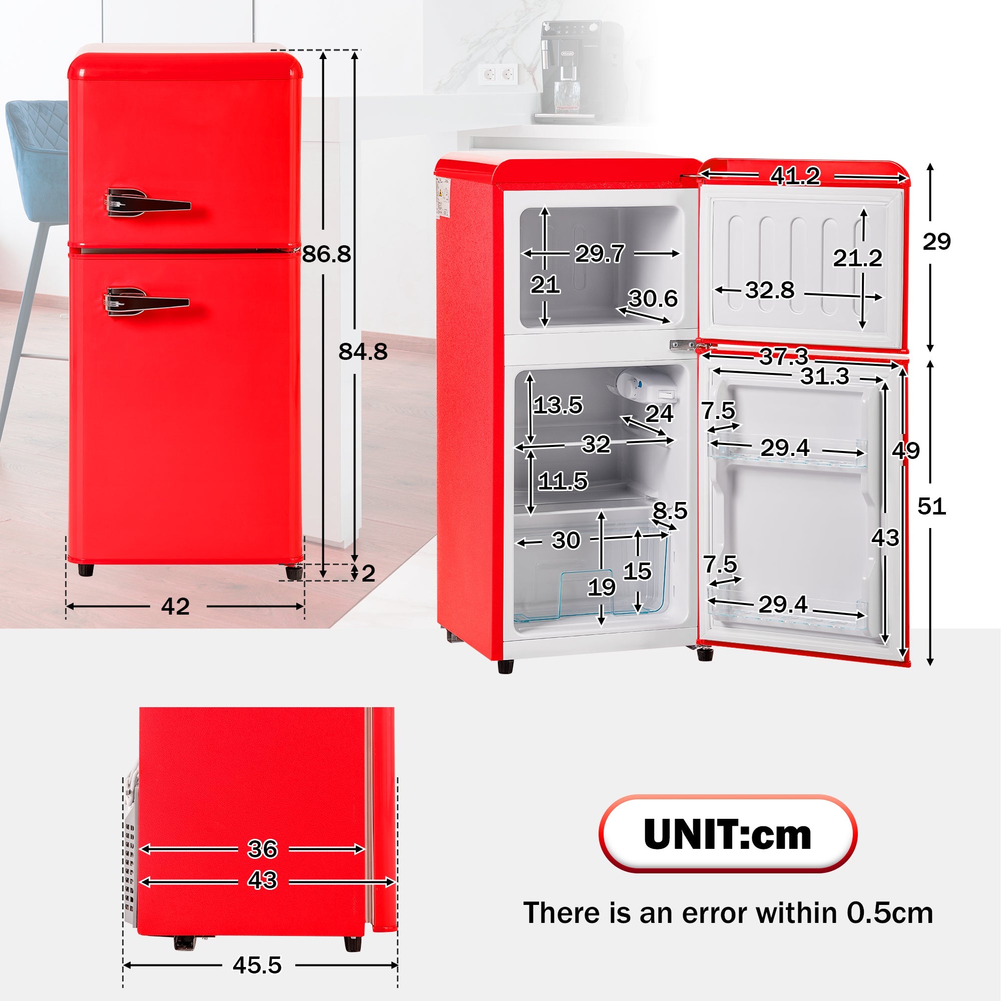 Logidon retro koel-vriescombinatie rood 60 L totaal volume