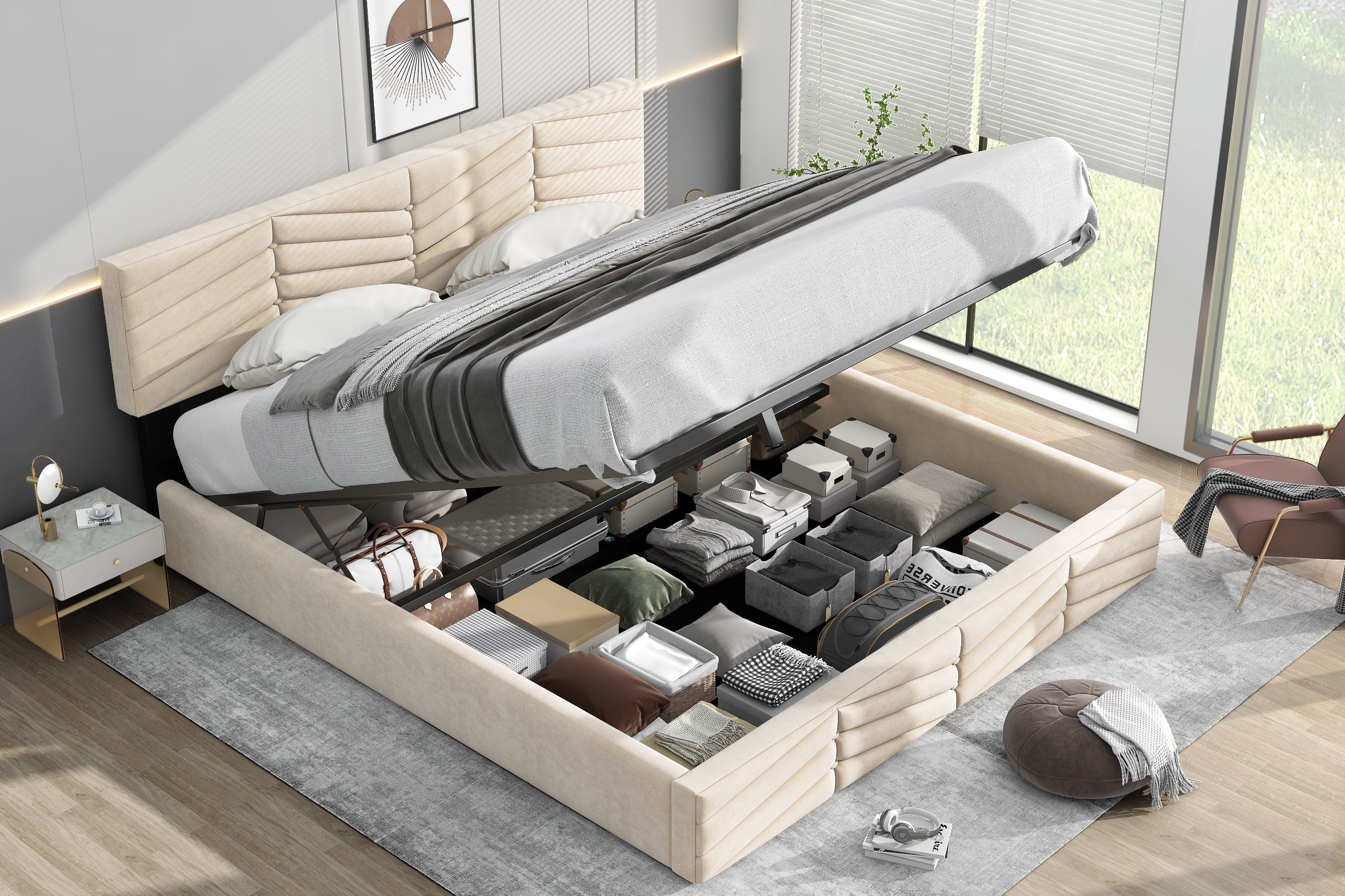 Logidon gestoffeerd bed hydraulisch functioneel bed beige 180x200