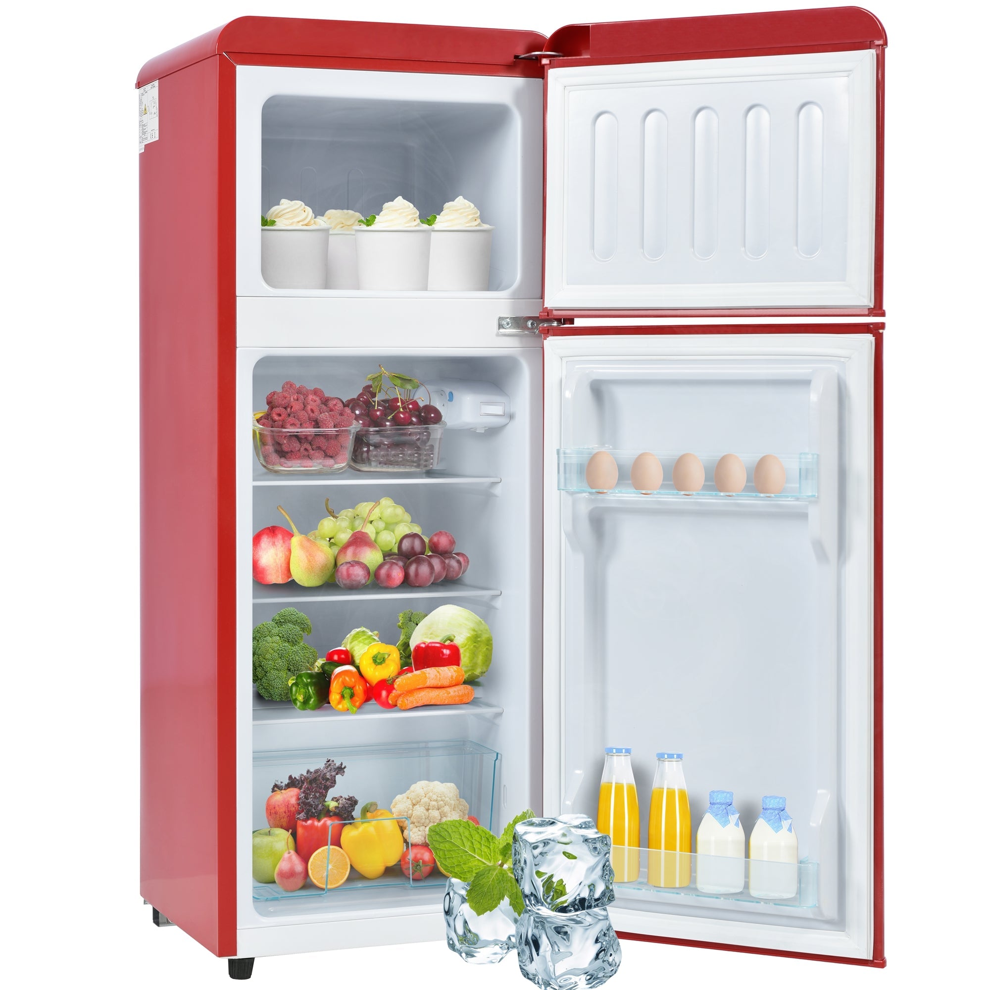 Logidon Retro-koelkast rood, twee deuren, totaal volume van 92 liter, LED-licht
