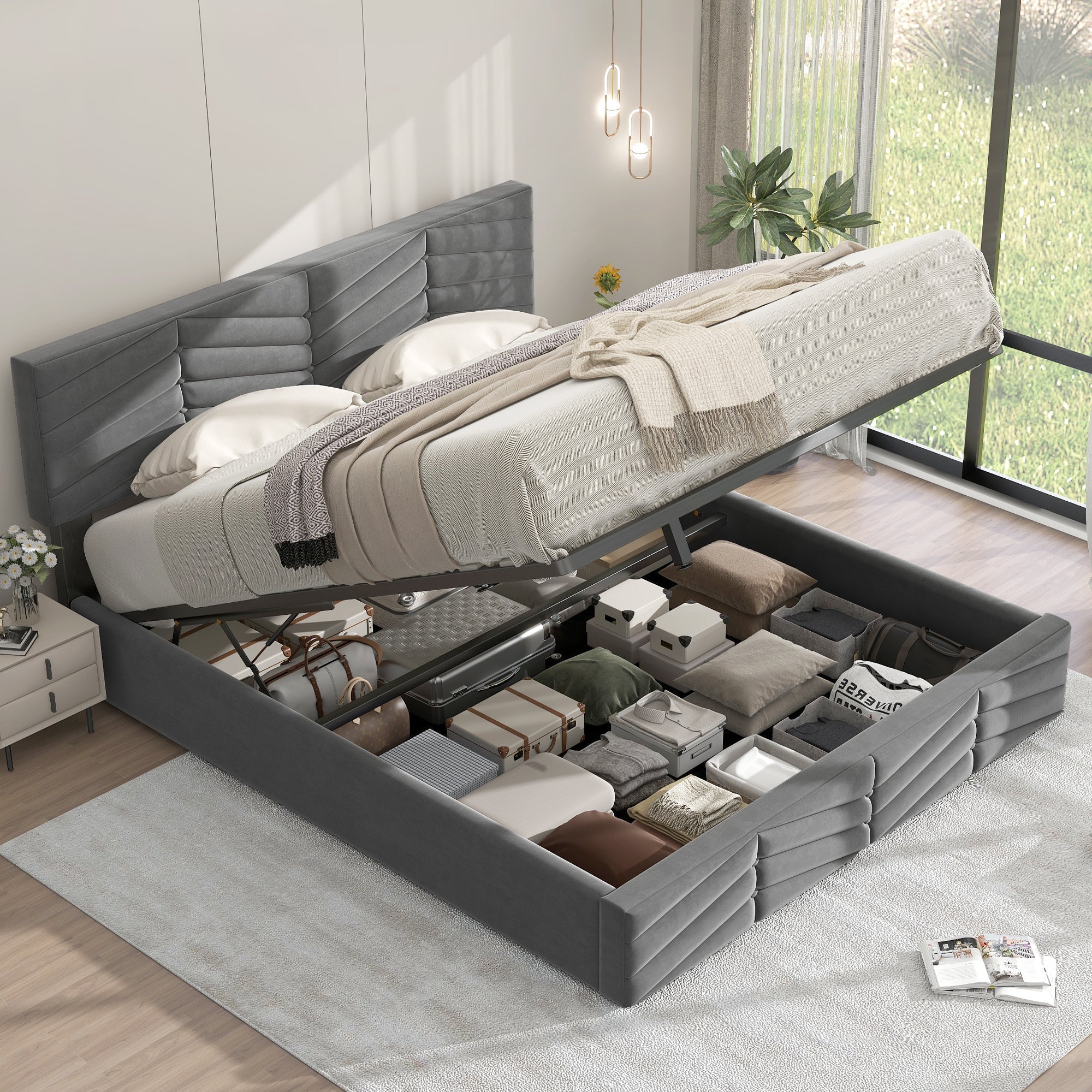 Logidon gestoffeerd bed tweepersoonsbed hydraulisch hoofdbord 140x200 grijs
