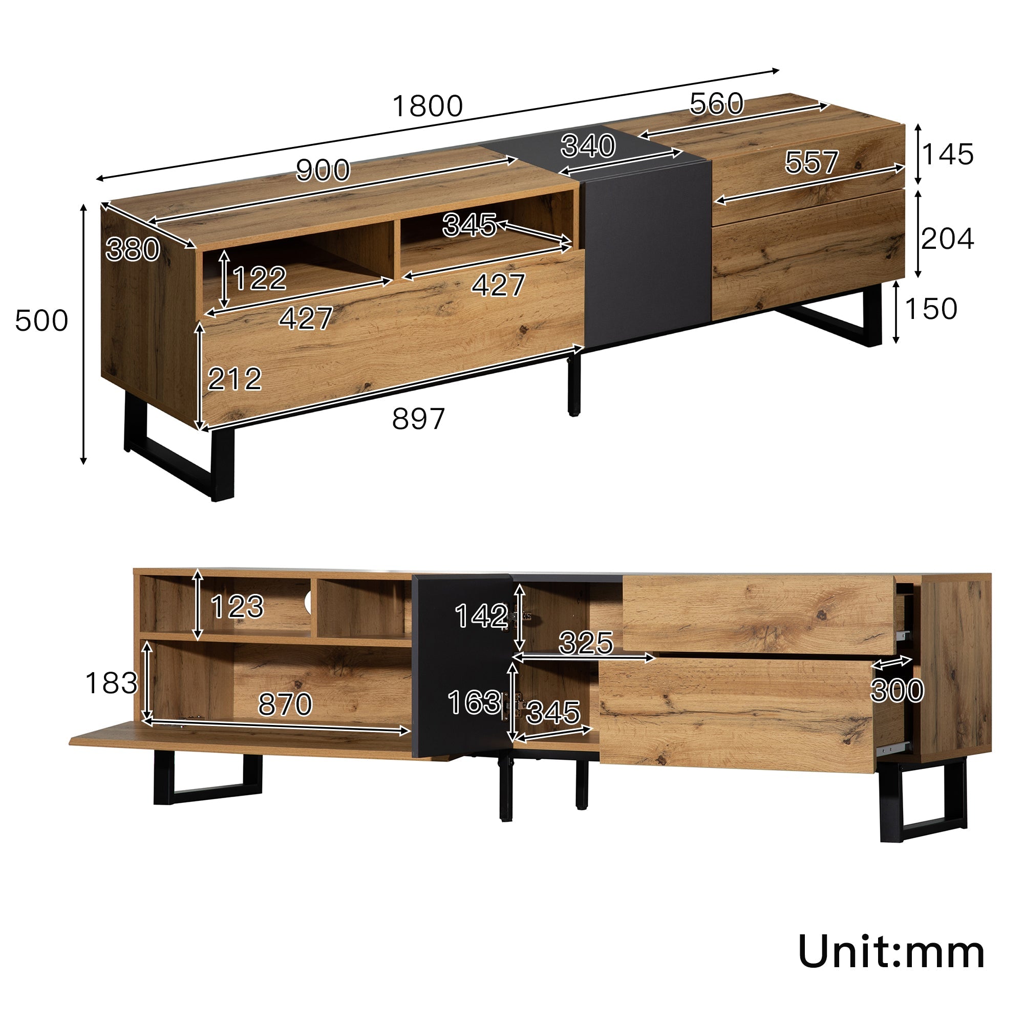 Logidon Modern Color Blocking TV-meubel 180 cm MDF Houtlook Zwart