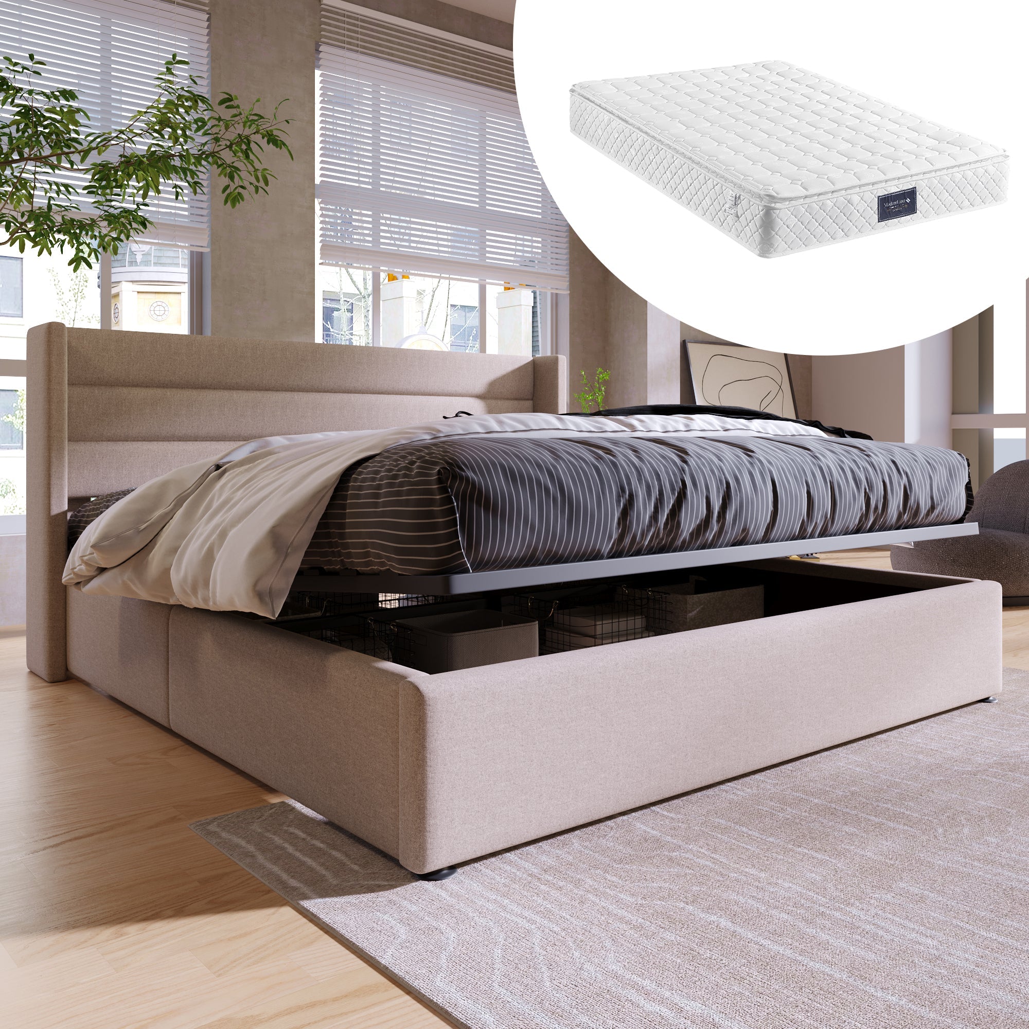 Logidon Hydraulisch Opbergbed 140x200 Beige Inclusief matras