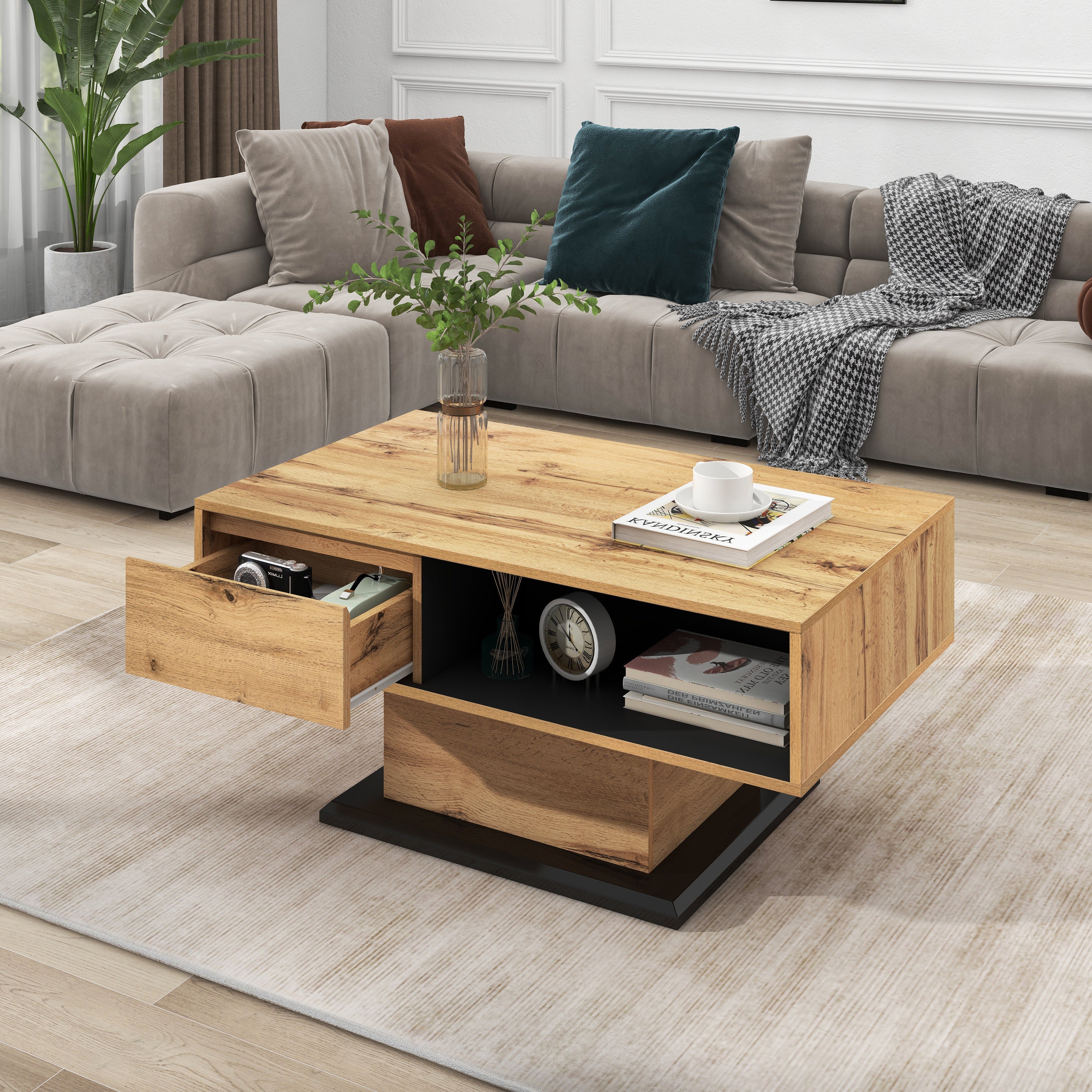 Logidon Houtnerf salontafel vierkant bruin-zwart met greeploze lade