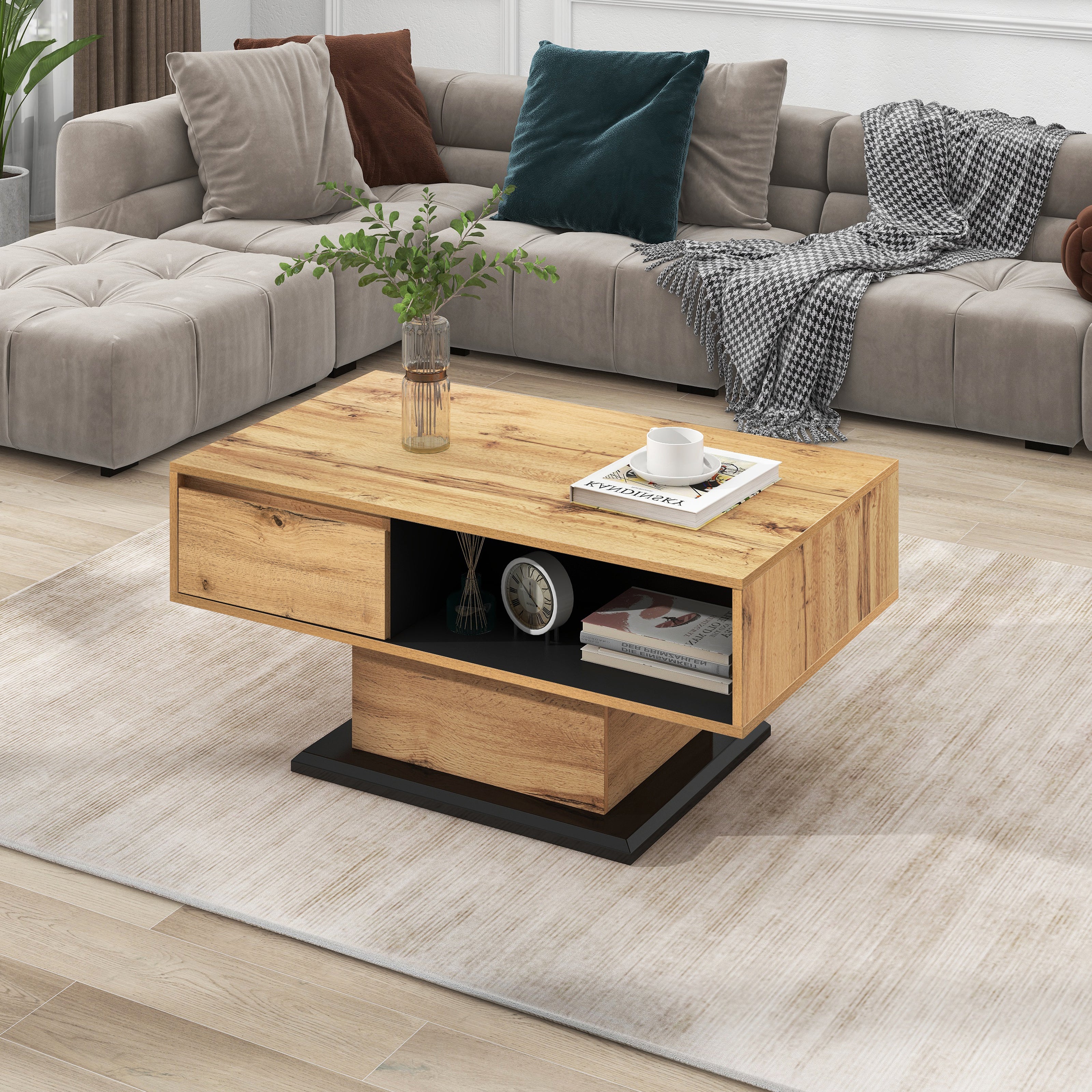 Logidon Houtnerf salontafel vierkant bruin-zwart met greeploze lade
