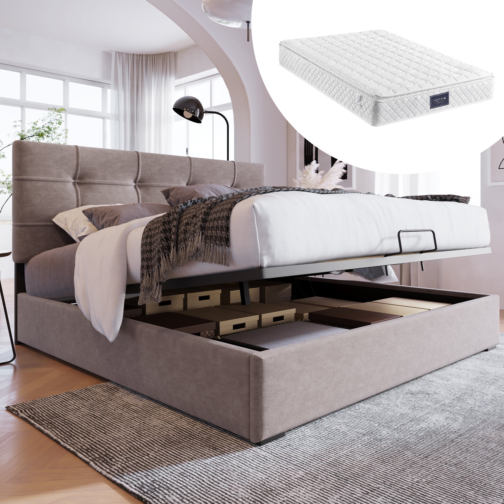 Logidon hydraulisch gestoffeerd bed 140x200 cm, verstelbaar hoofdeinde, lichtgrijs