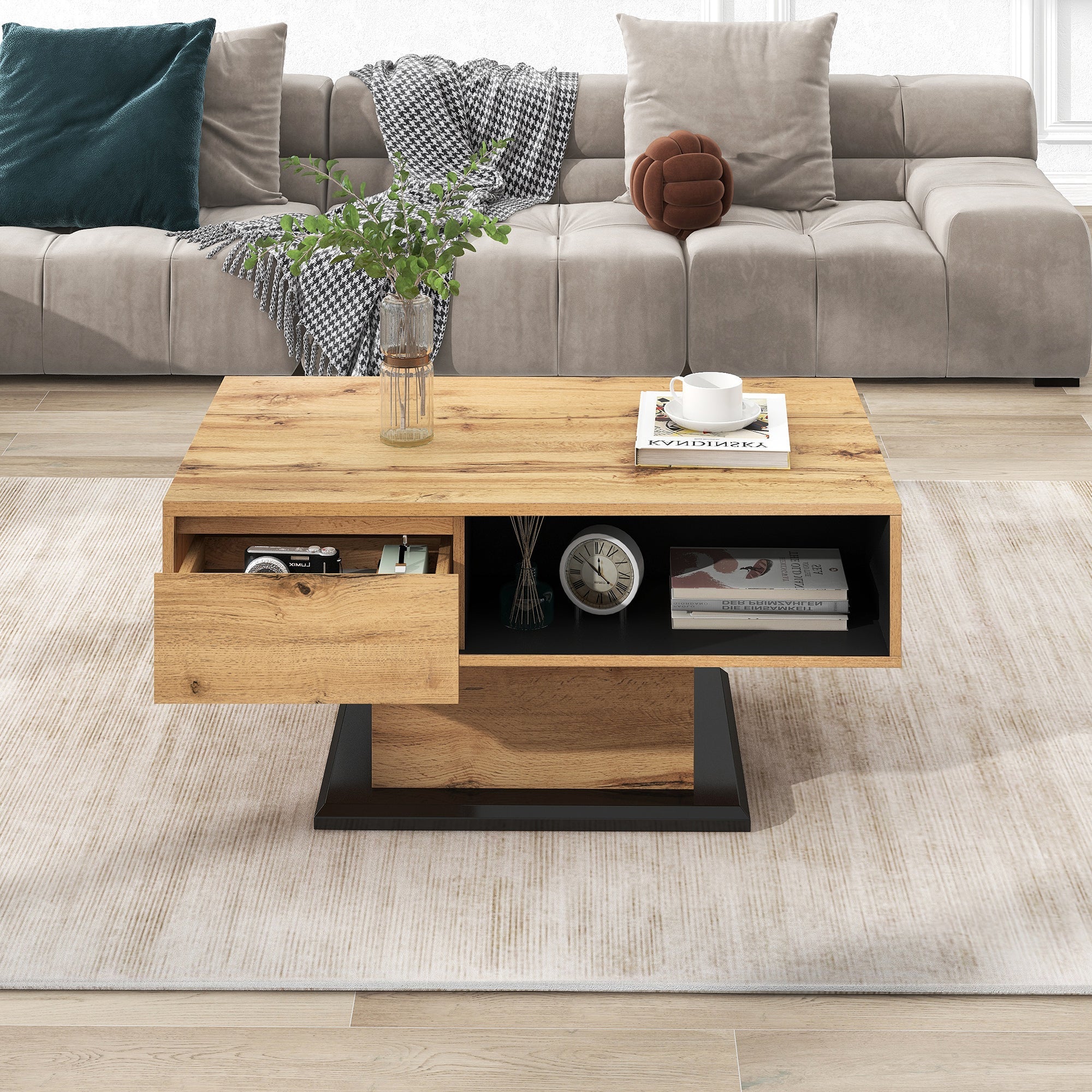 Logidon Houtnerf salontafel vierkant bruin-zwart met greeploze lade