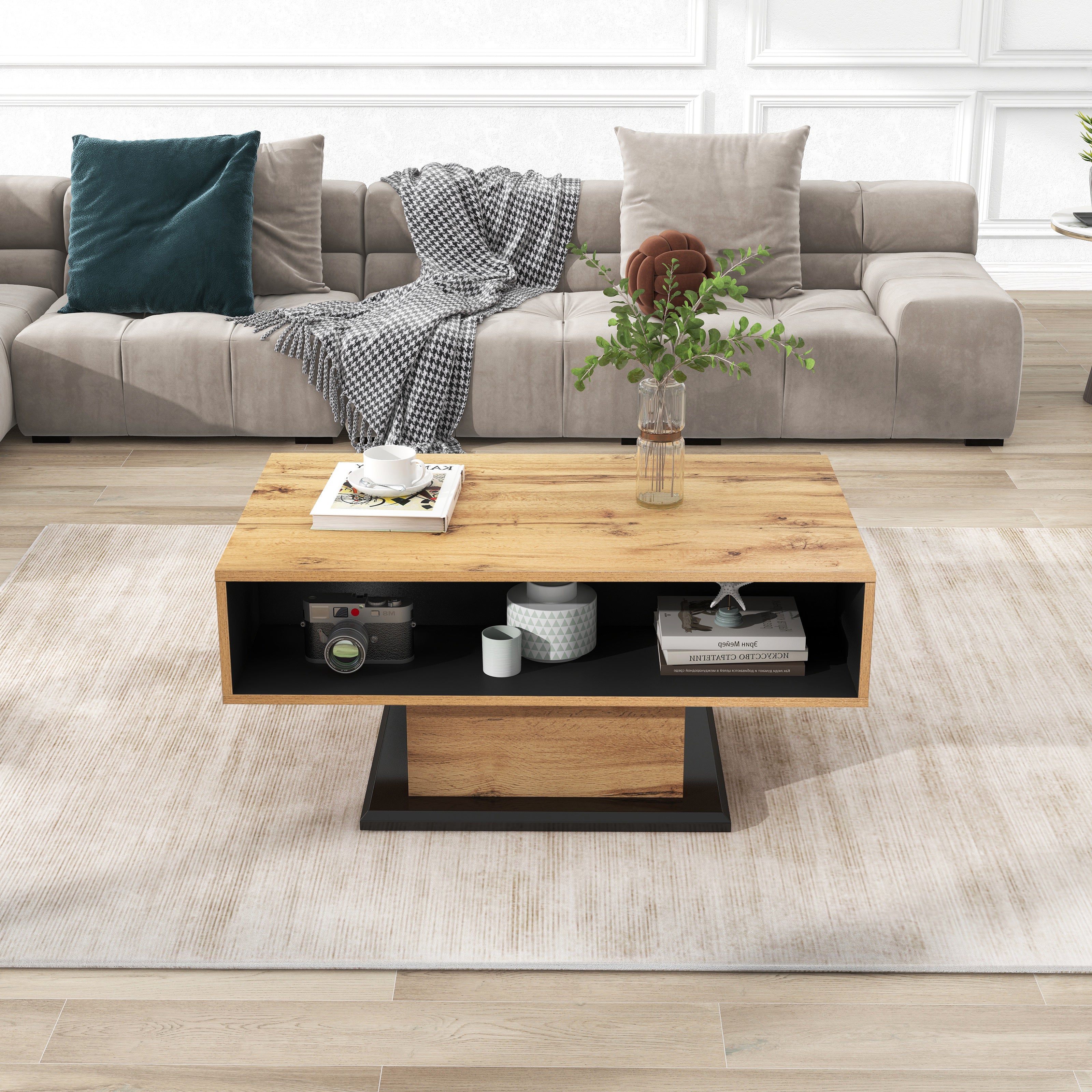 Logidon Houtnerf salontafel vierkant bruin-zwart met greeploze lade