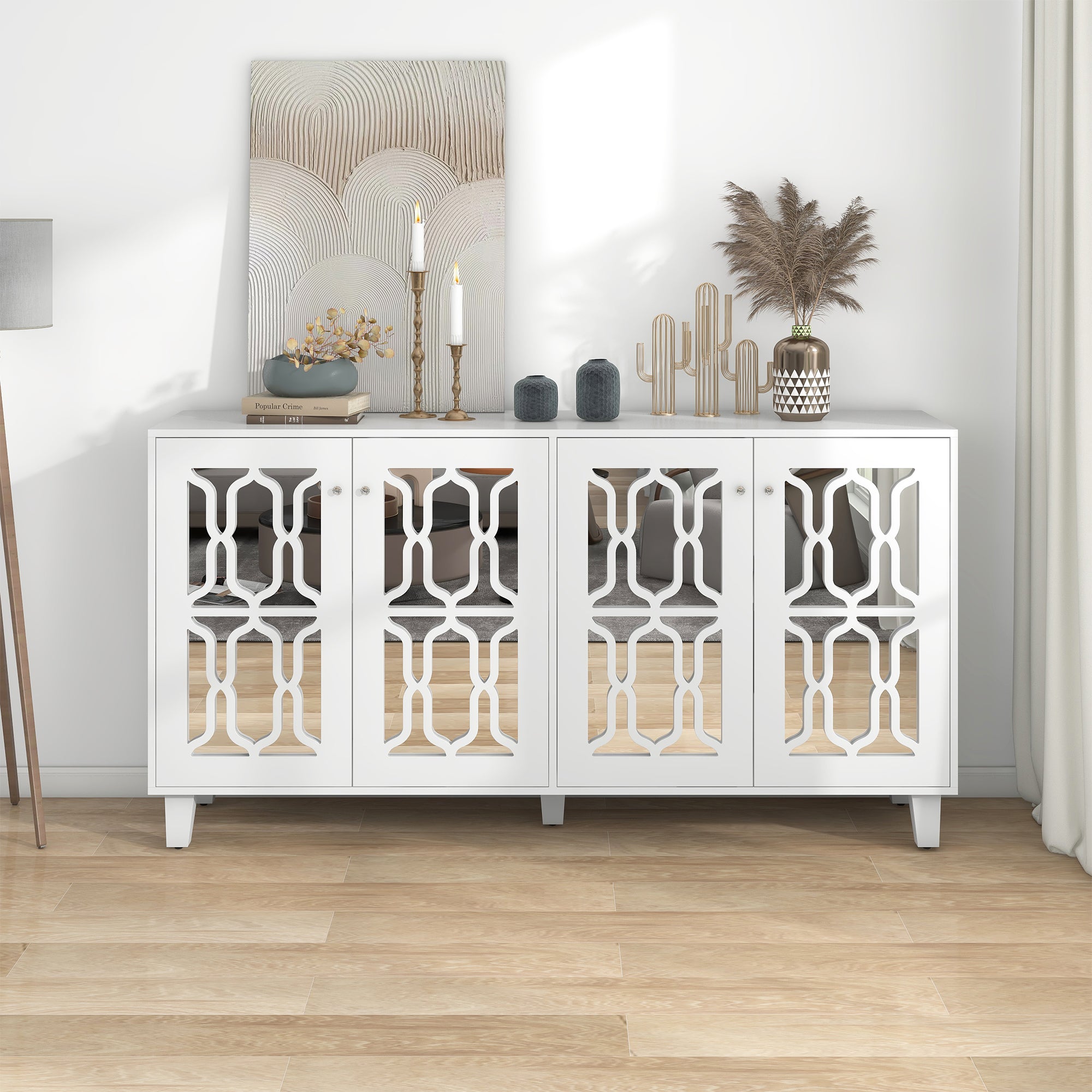Logidon Wit Spiegeldressoir met Kristallen Handgrepen 4 Deurs 160 x 40 x 84 cm