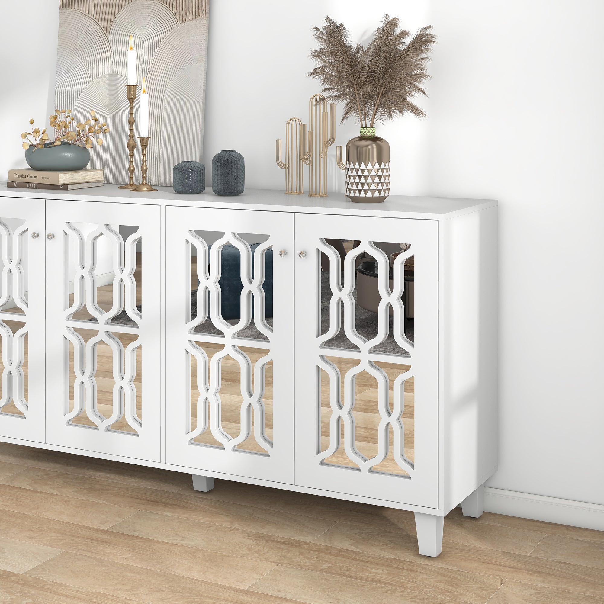 Logidon Wit Spiegeldressoir met Kristallen Handgrepen 4 Deurs 160 x 40 x 84 cm