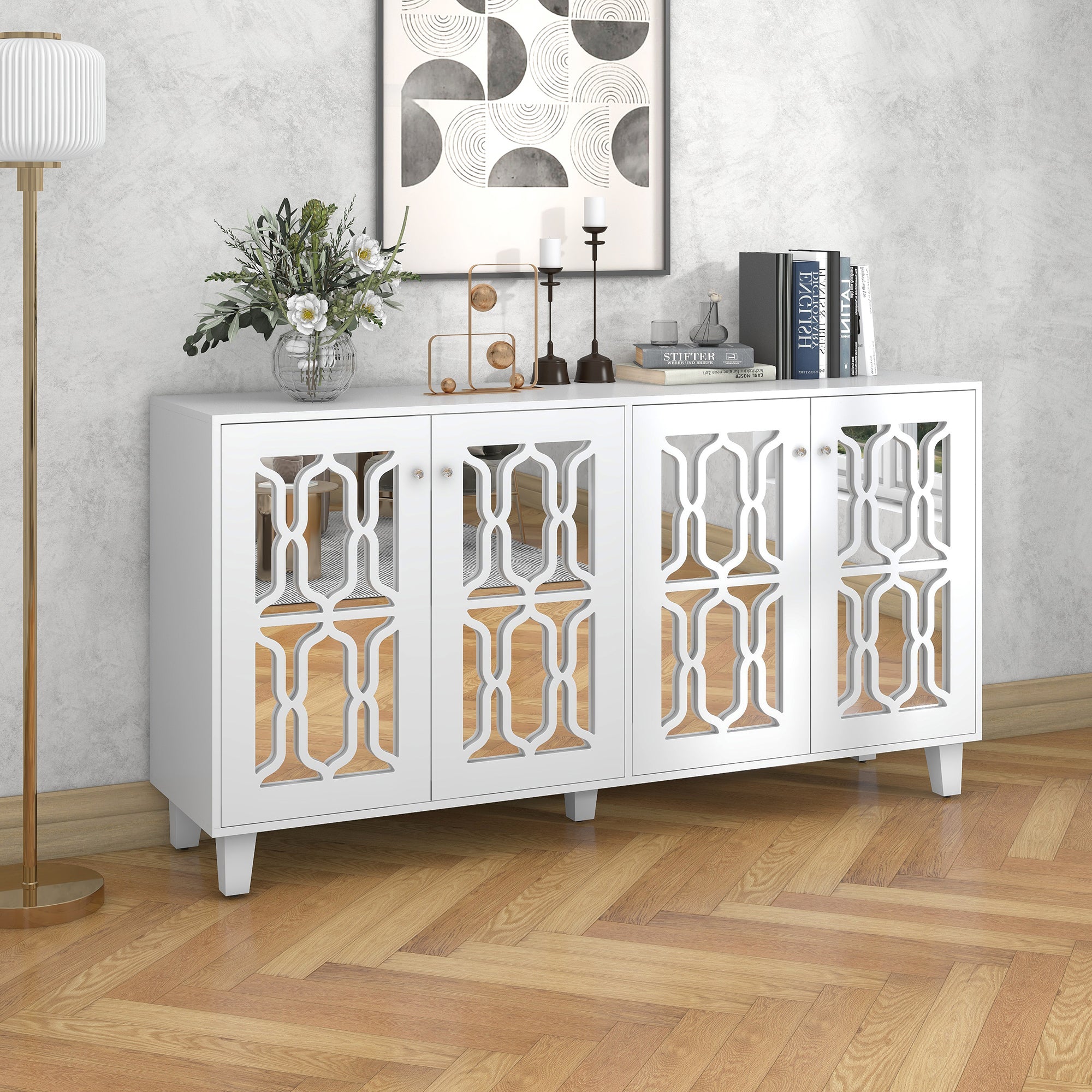 Logidon Wit Spiegeldressoir met Kristallen Handgrepen 4 Deurs 160 x 40 x 84 cm