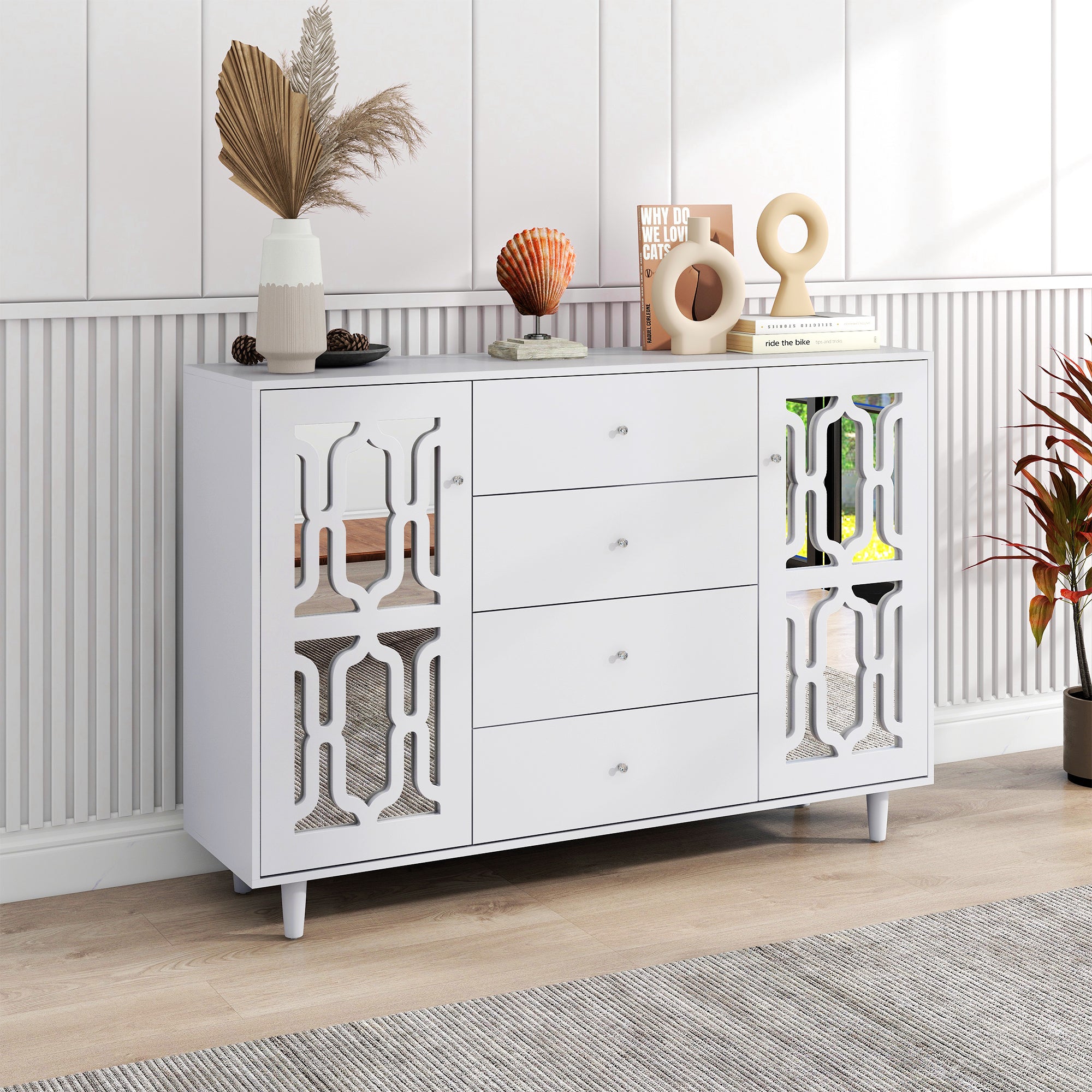 Logidon Wit Spiegeldressoir met Kristallen Handgrepen 147,5x40x102 cm