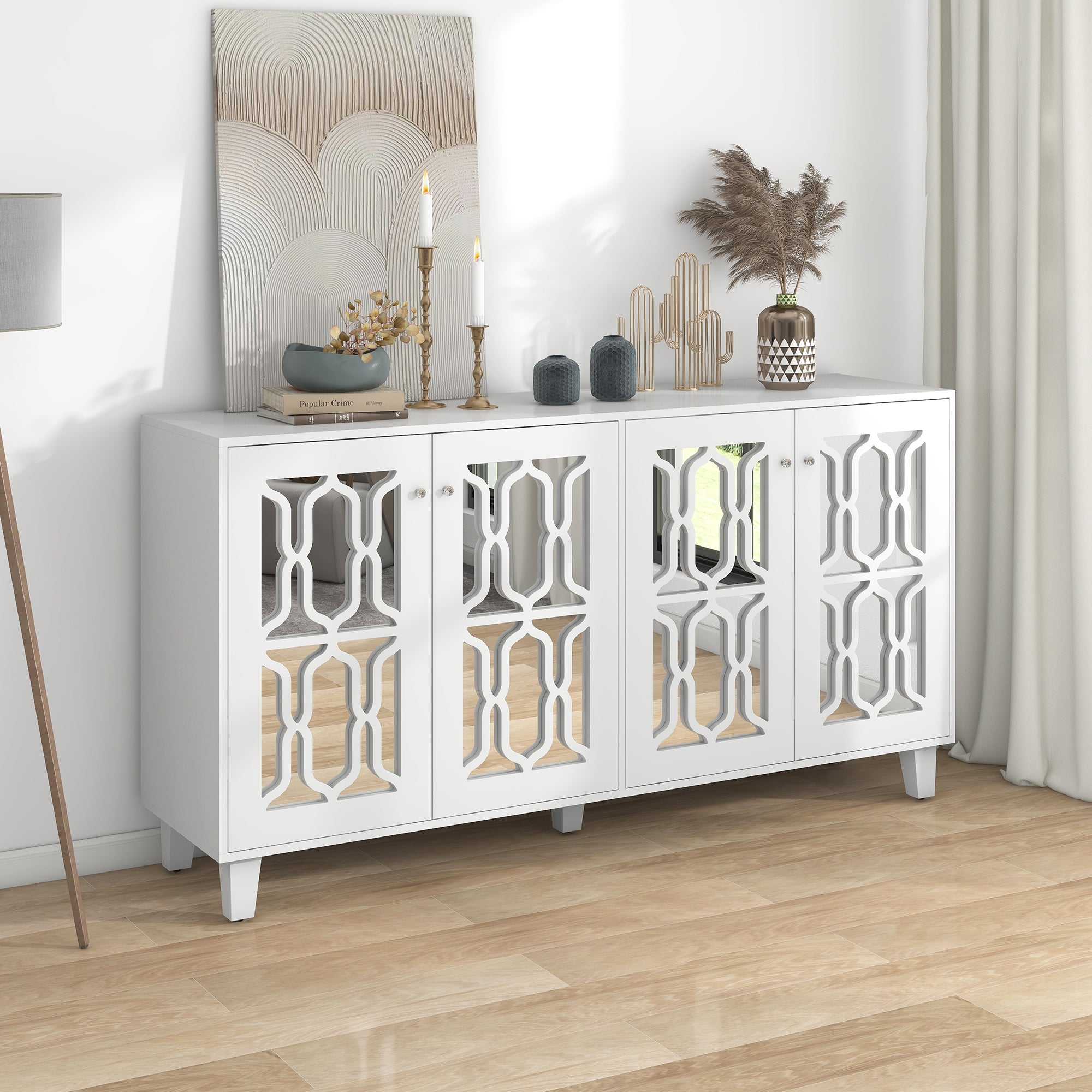 Logidon Wit Spiegeldressoir met Kristallen Handgrepen 4 Deurs 160 x 40 x 84 cm