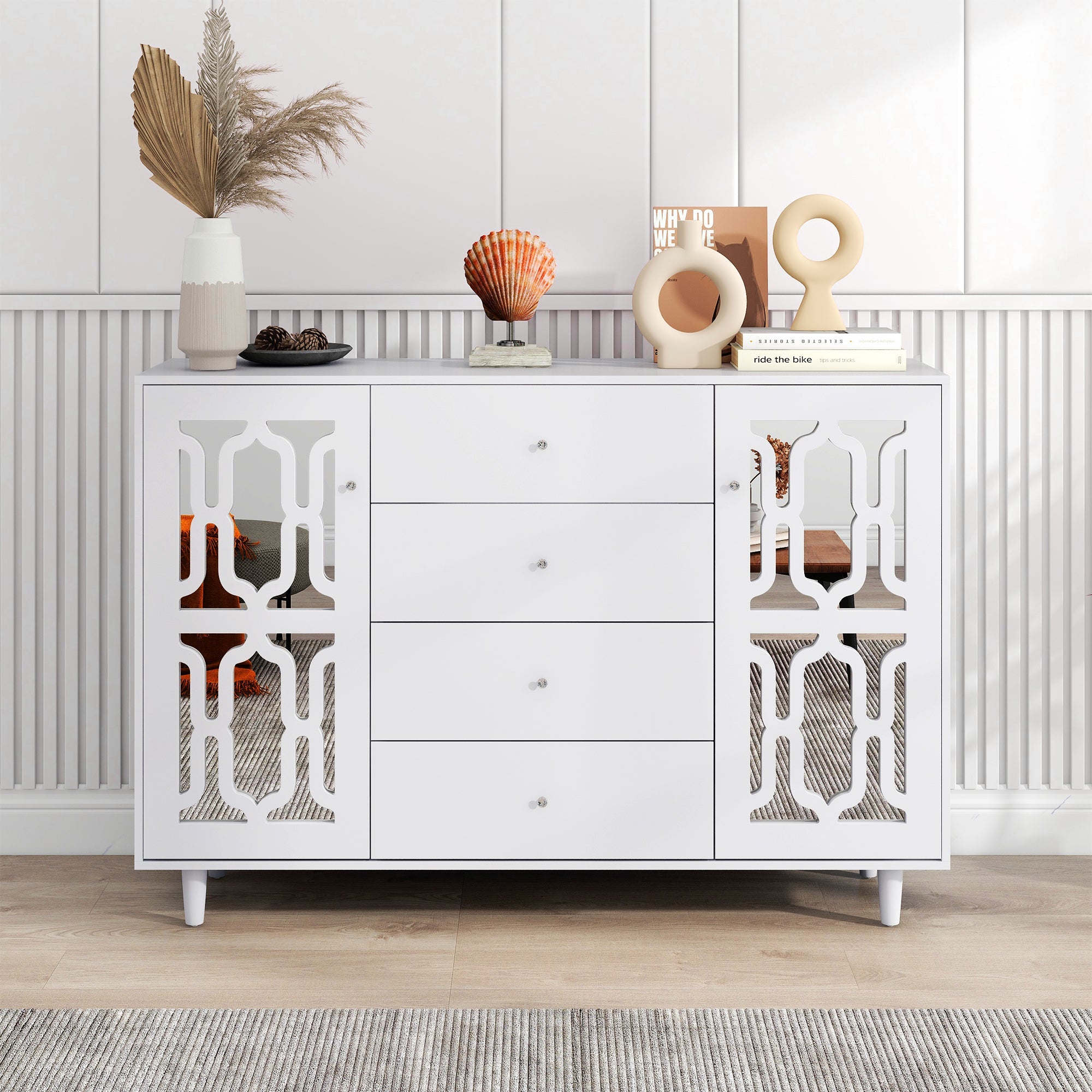 Logidon Wit Spiegeldressoir met Kristallen Handgrepen 147,5x40x102 cm