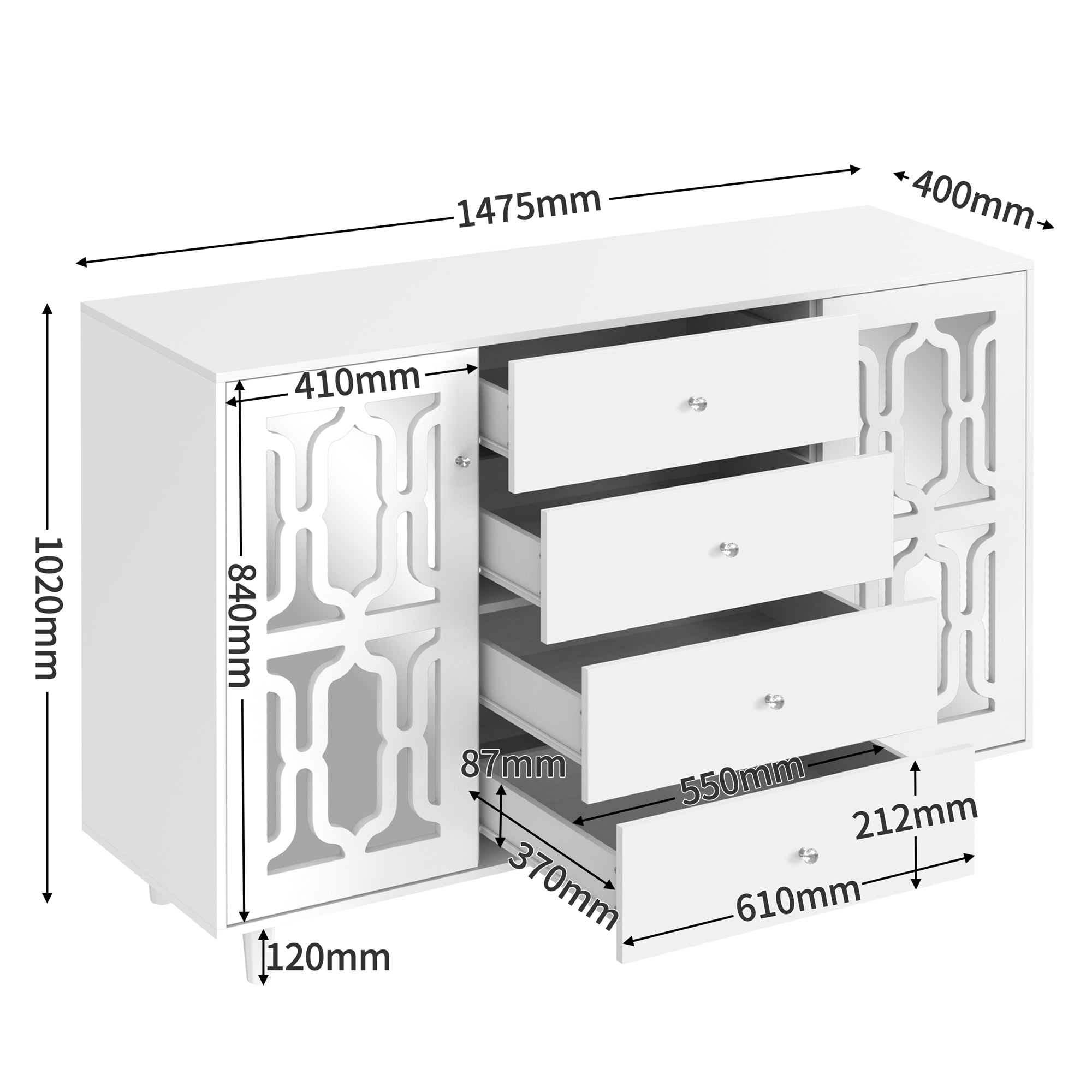 Logidon Wit Spiegeldressoir met Kristallen Handgrepen 147,5x40x102 cm