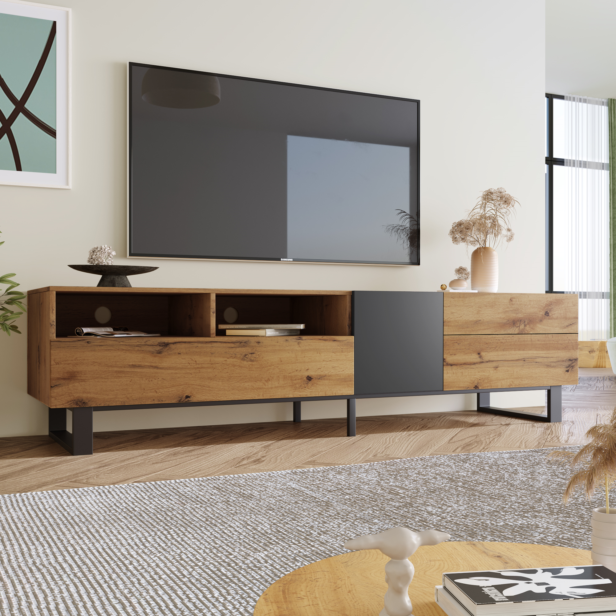 Logidon Modern Color Blocking TV Cabinet 180 cm MDF Wood Look Black